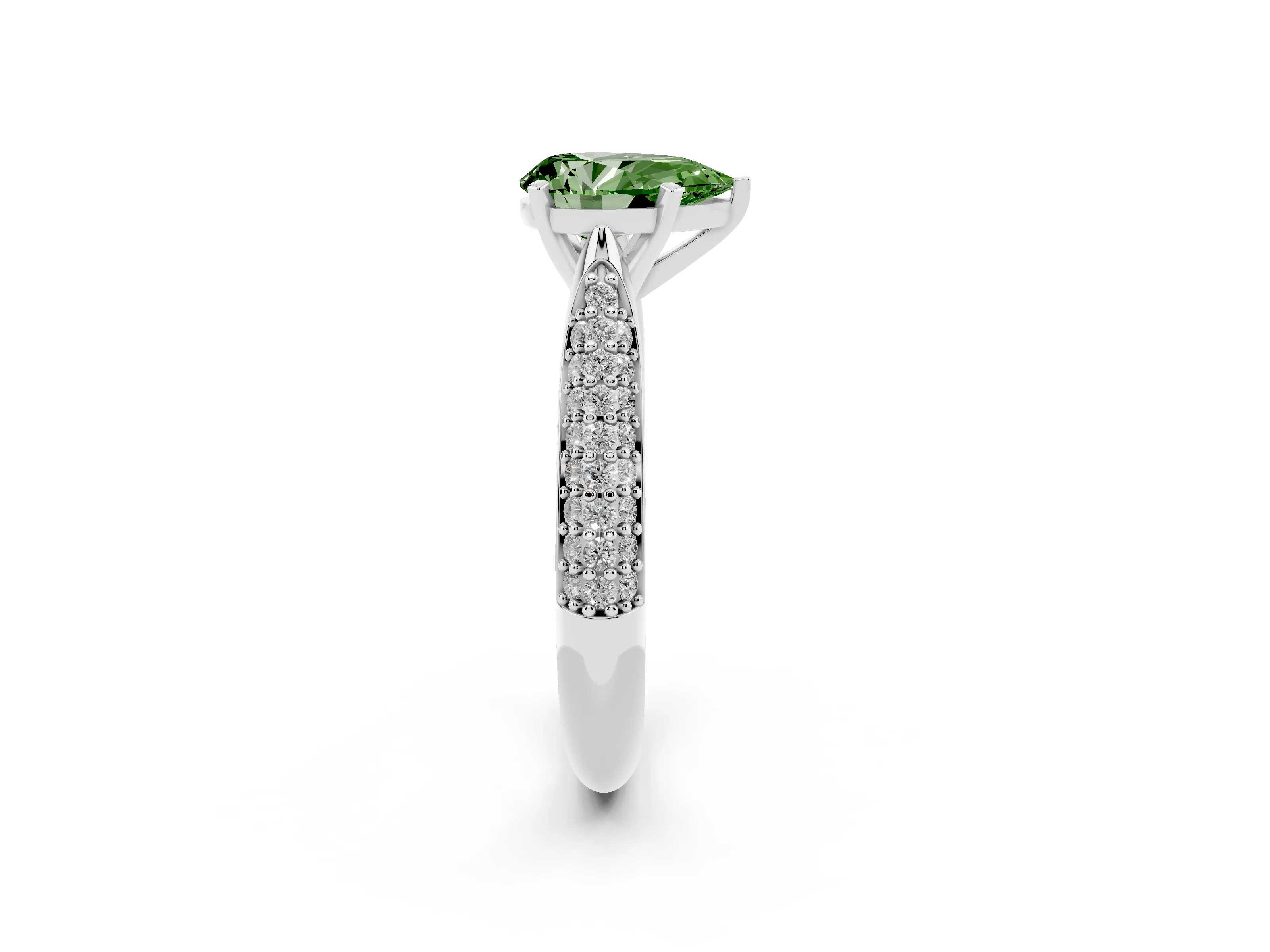 Fancy Green Pear Cut Diamond Solitaire Engagement Ring Set in White gold with Multi-Row Round Pavé Band and Prong Setting