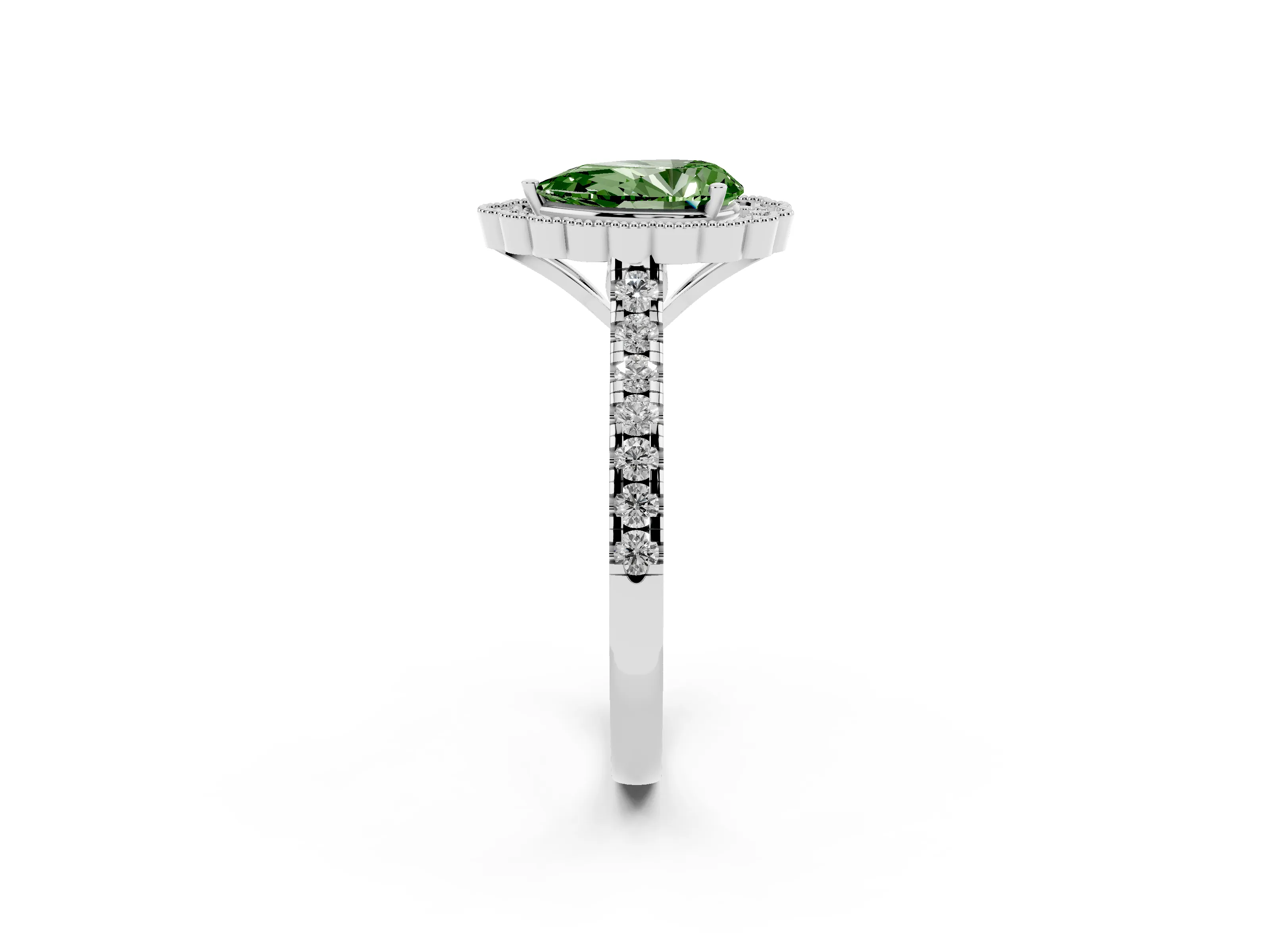 Fancy Green Pear Cut Diamond Milgrain Floral Halo Engagement Ring Set in Silver with Pavé Band