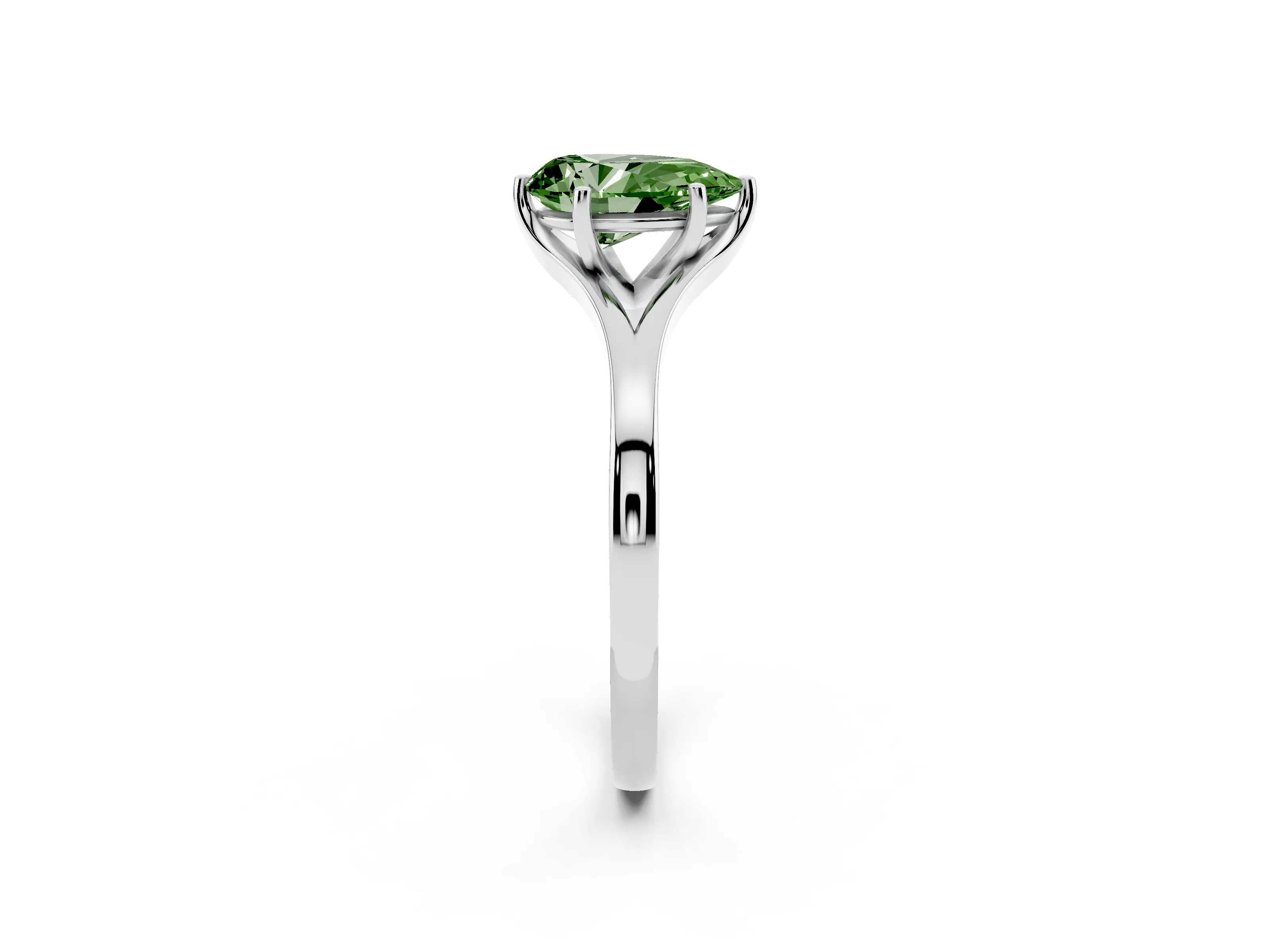 Fancy Green Pear Cut Diamond Solitaire Ring Set in Silver with Polished Tapered Band and Prong Setting