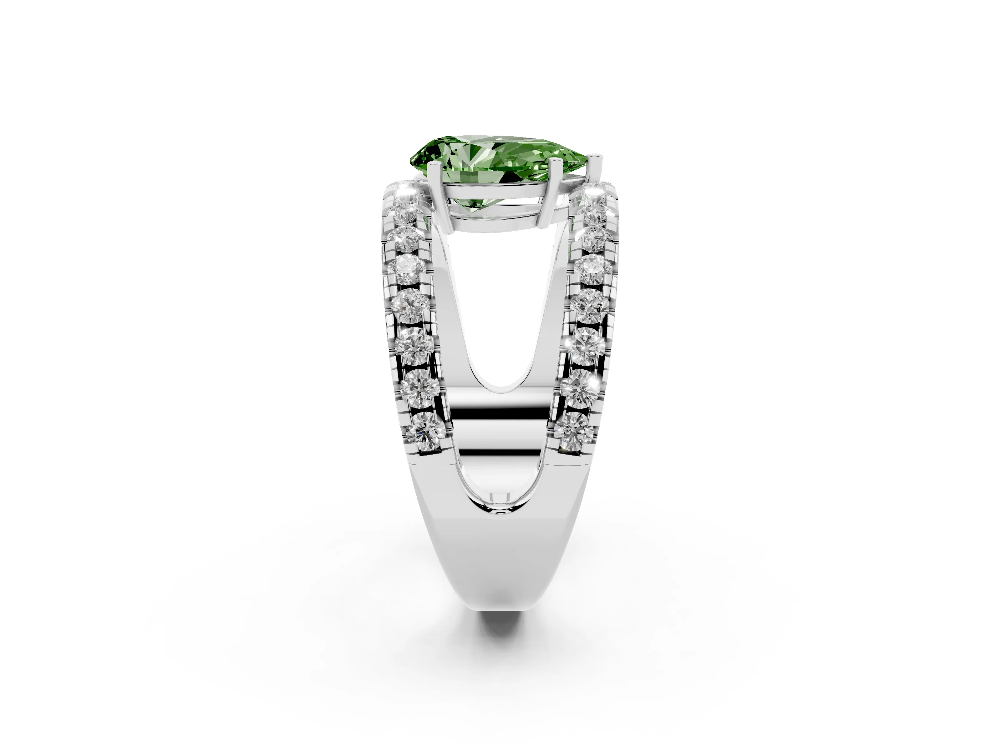 Fancy Green Pear Cut Diamond Split Shank Pavé Solitaire Ring Set in Platinum with Open Shank Design