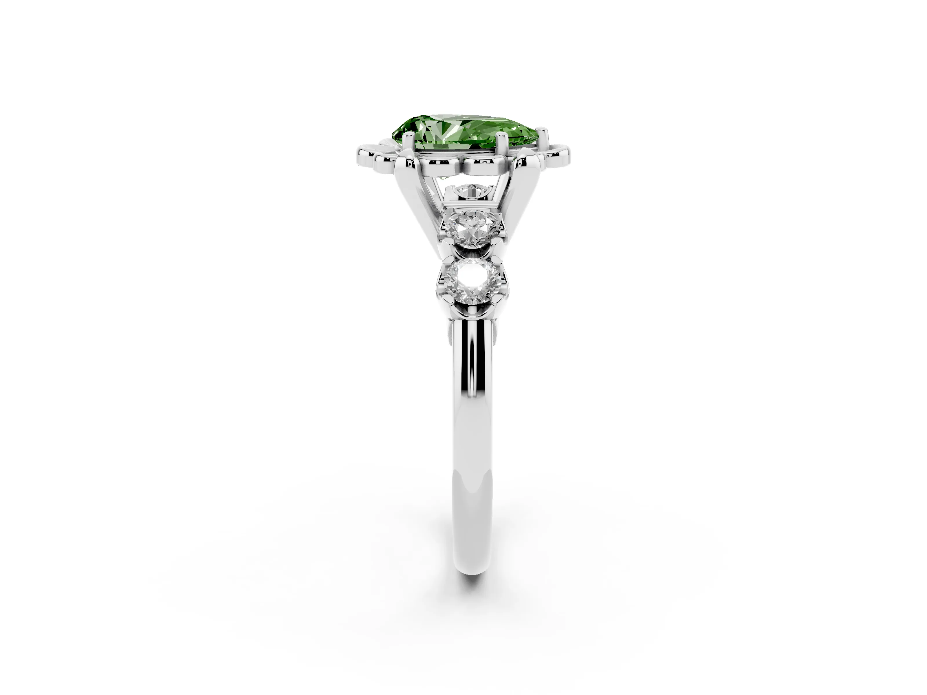 Fancy Green Pear Cut Diamond Floral Halo Ring Set in Platinum with Shared Prong Band