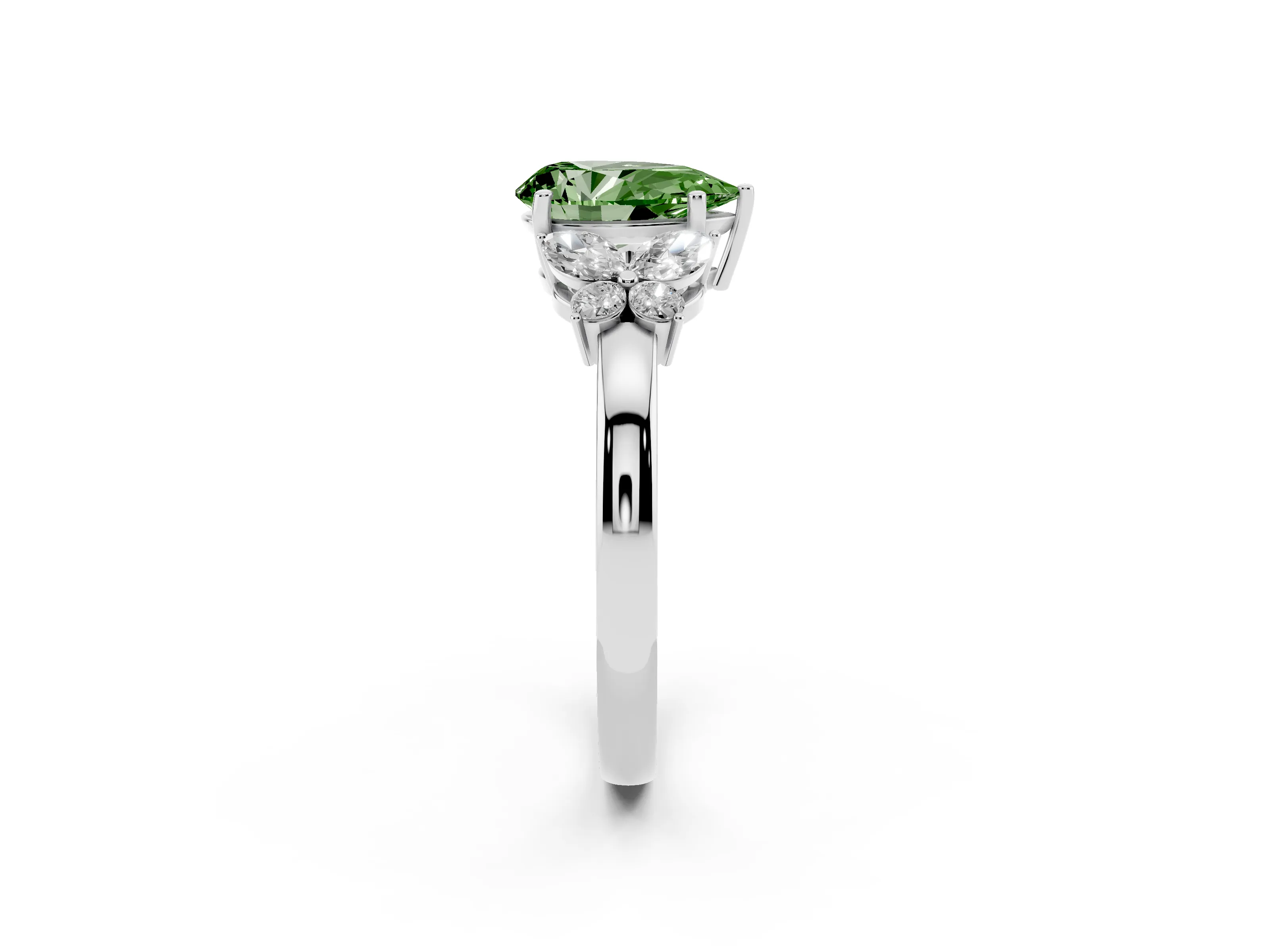 Fancy Green Pear Cut Diamond Solitaire Floral Ring Set in Silver with Marquise Petals and Prong Setting