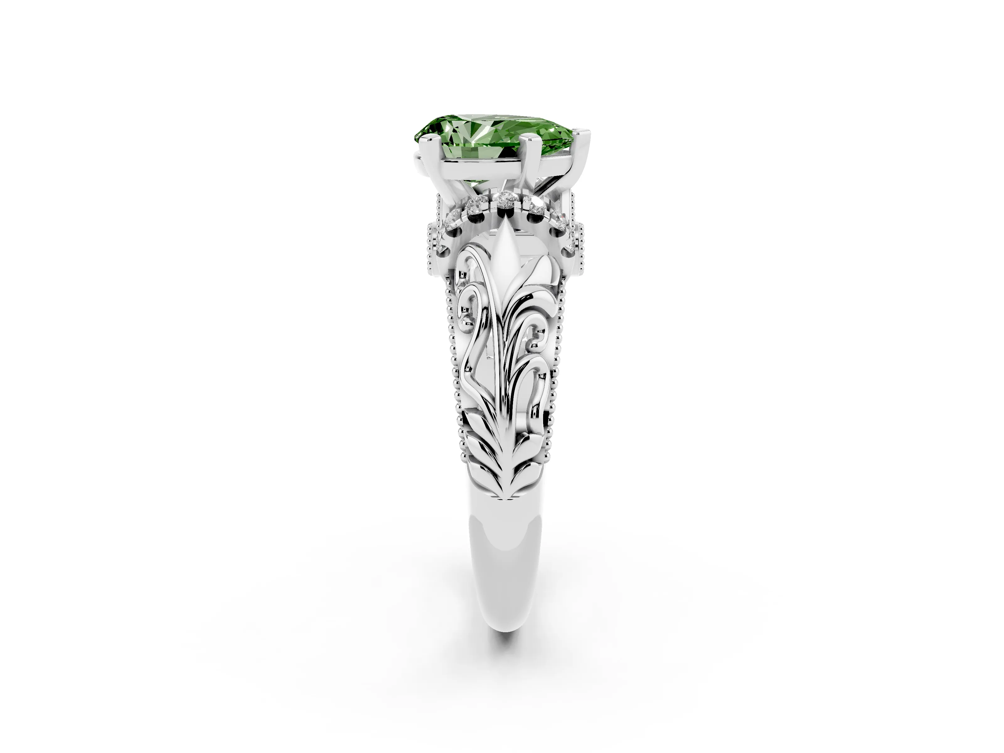 Fancy Green Pear Cut Diamond Filigree Halo Engagement Ring Set in White gold with Prong Setting