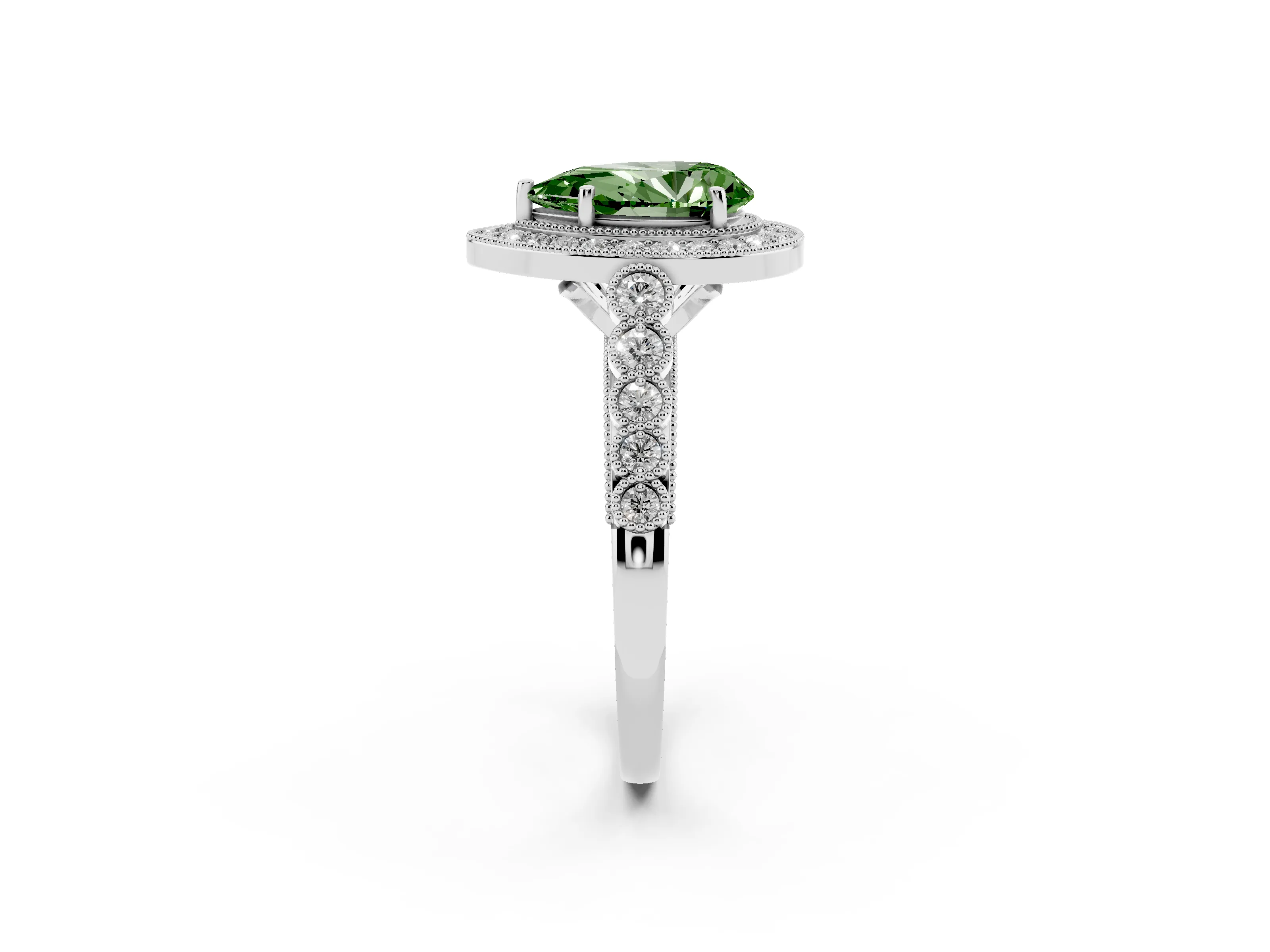Fancy Green Pear Cut Diamond Milgrain Halo Solitaire Ring Set in Silver with Bezel Set Side Stones and Pavé Band