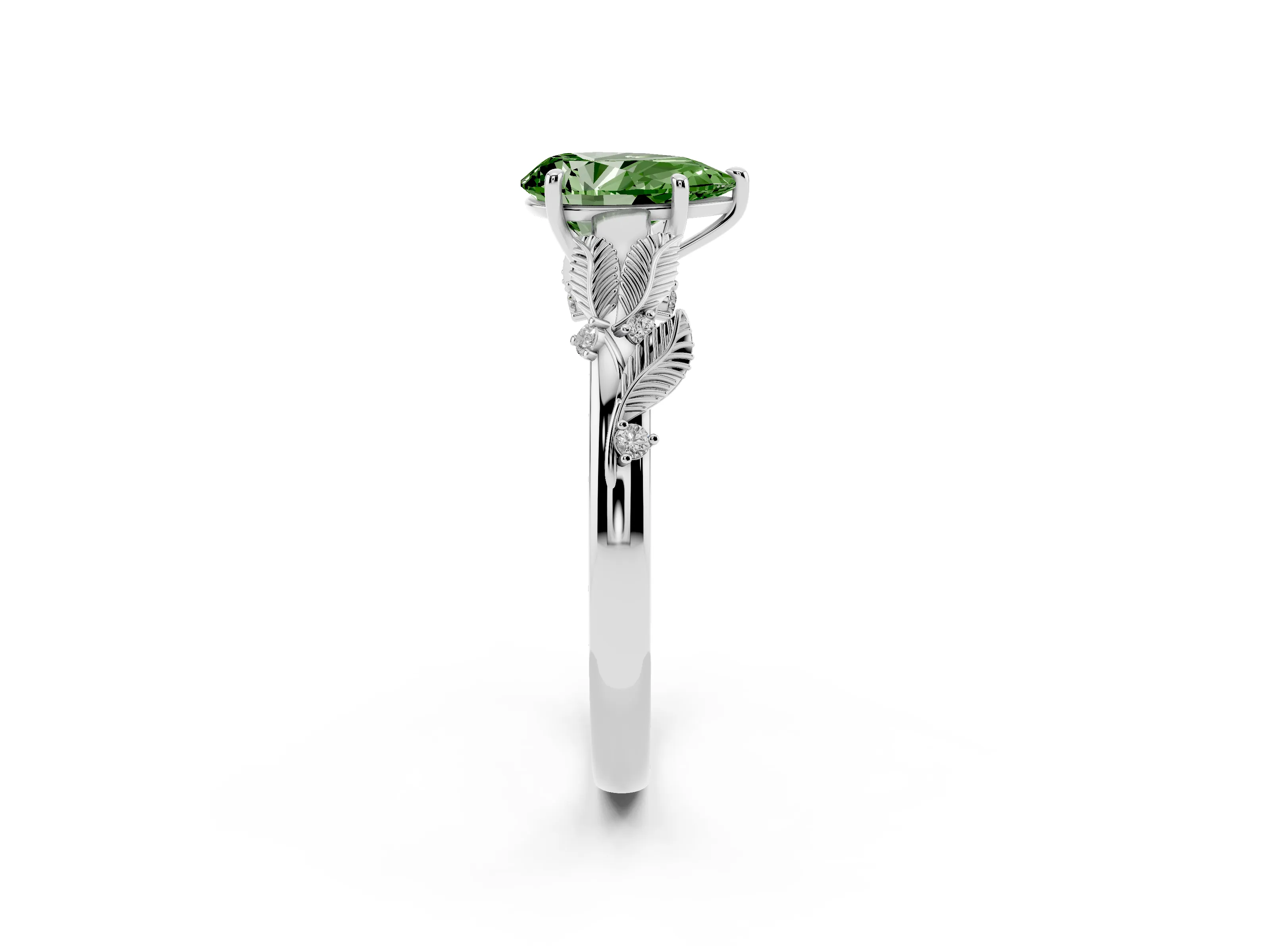 Fancy Green Pear Cut Diamond Solitaire Ring Set in Platinum with Leaf Motif Band