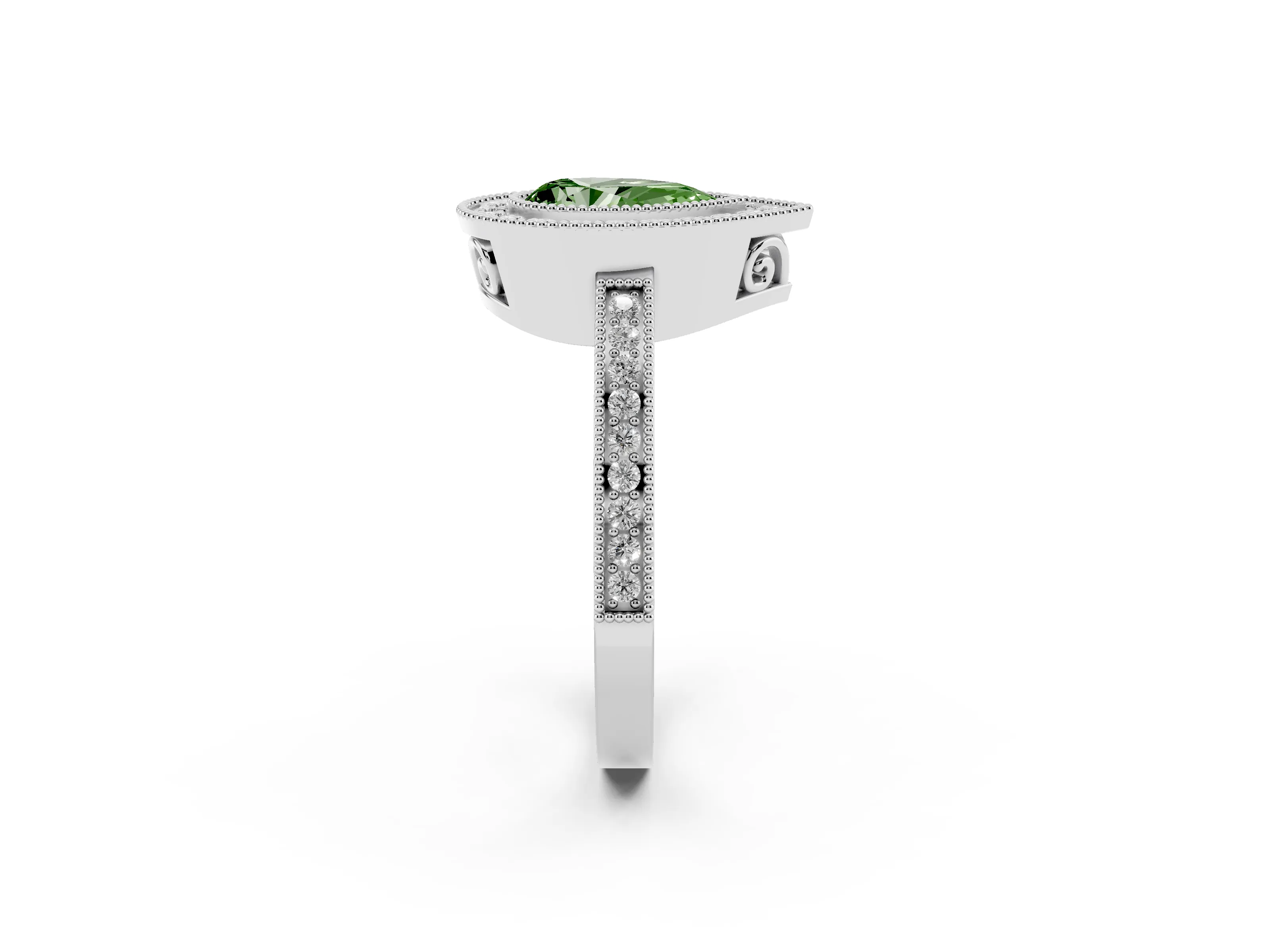 Fancy Green Pear Cut Diamond Halo Ring Set in Platinum with Pavé Band and Milgrain-Edged Prongs