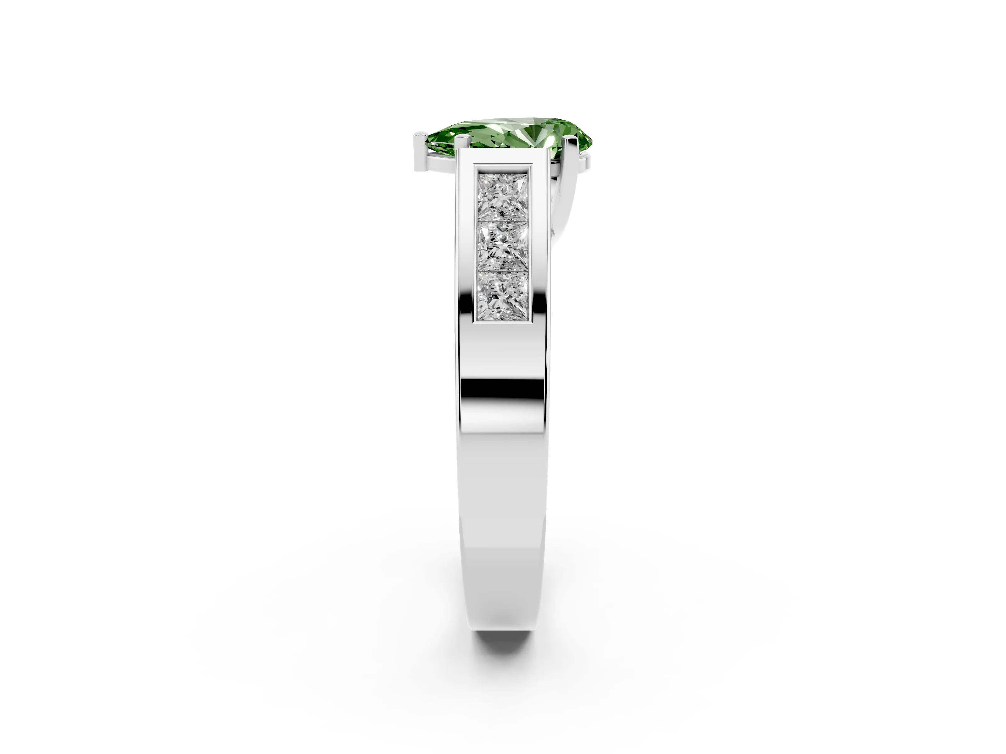 Fancy Green Pear Cut Diamond Solitaire Ring Set in Platinum with Channel-Set Accent Stones and Prong Setting