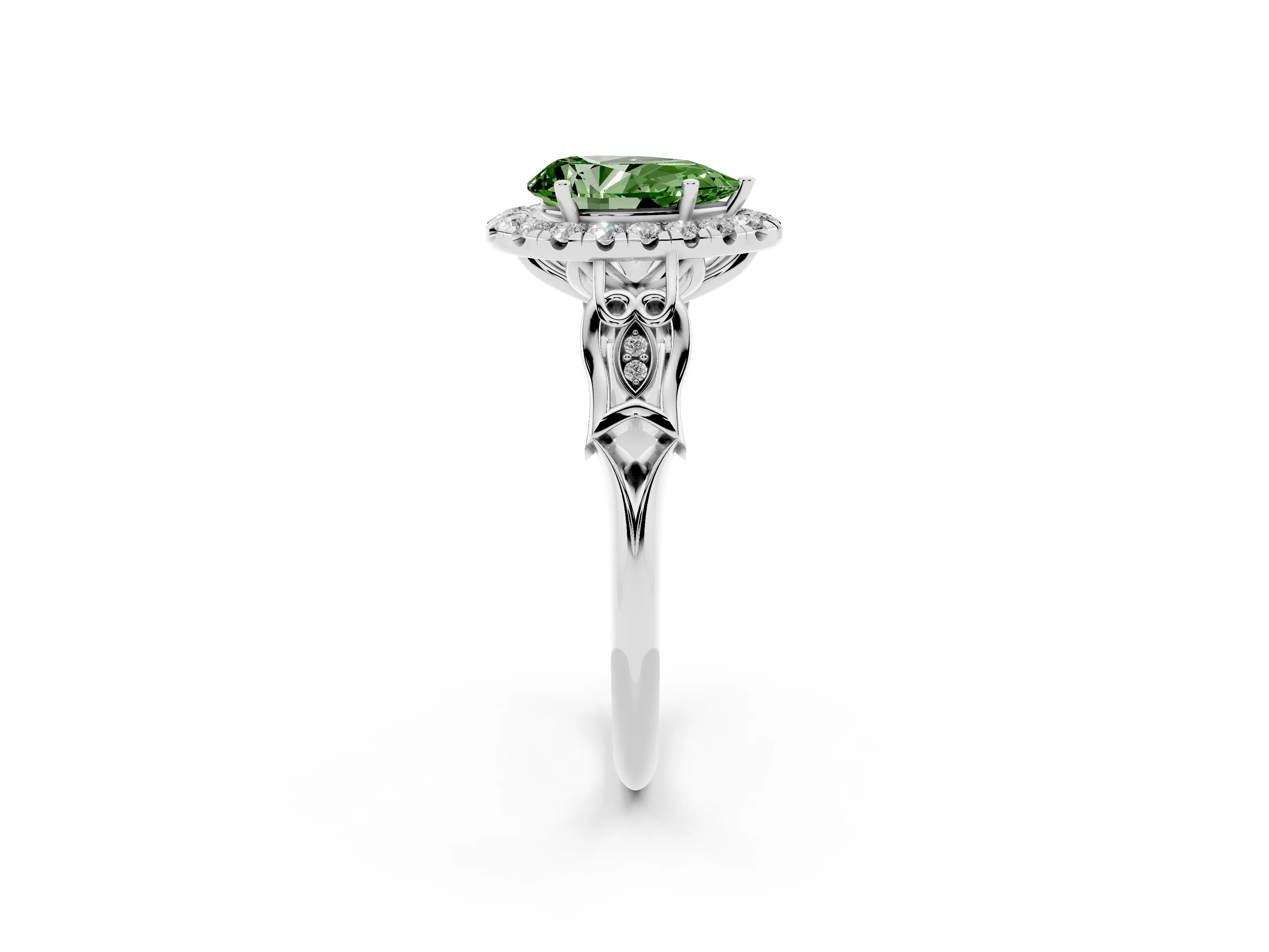 Fancy Green Pear Cut Diamond Halo Engagement Ring Set in Platinum with Filigree Band and Prong-Set Center