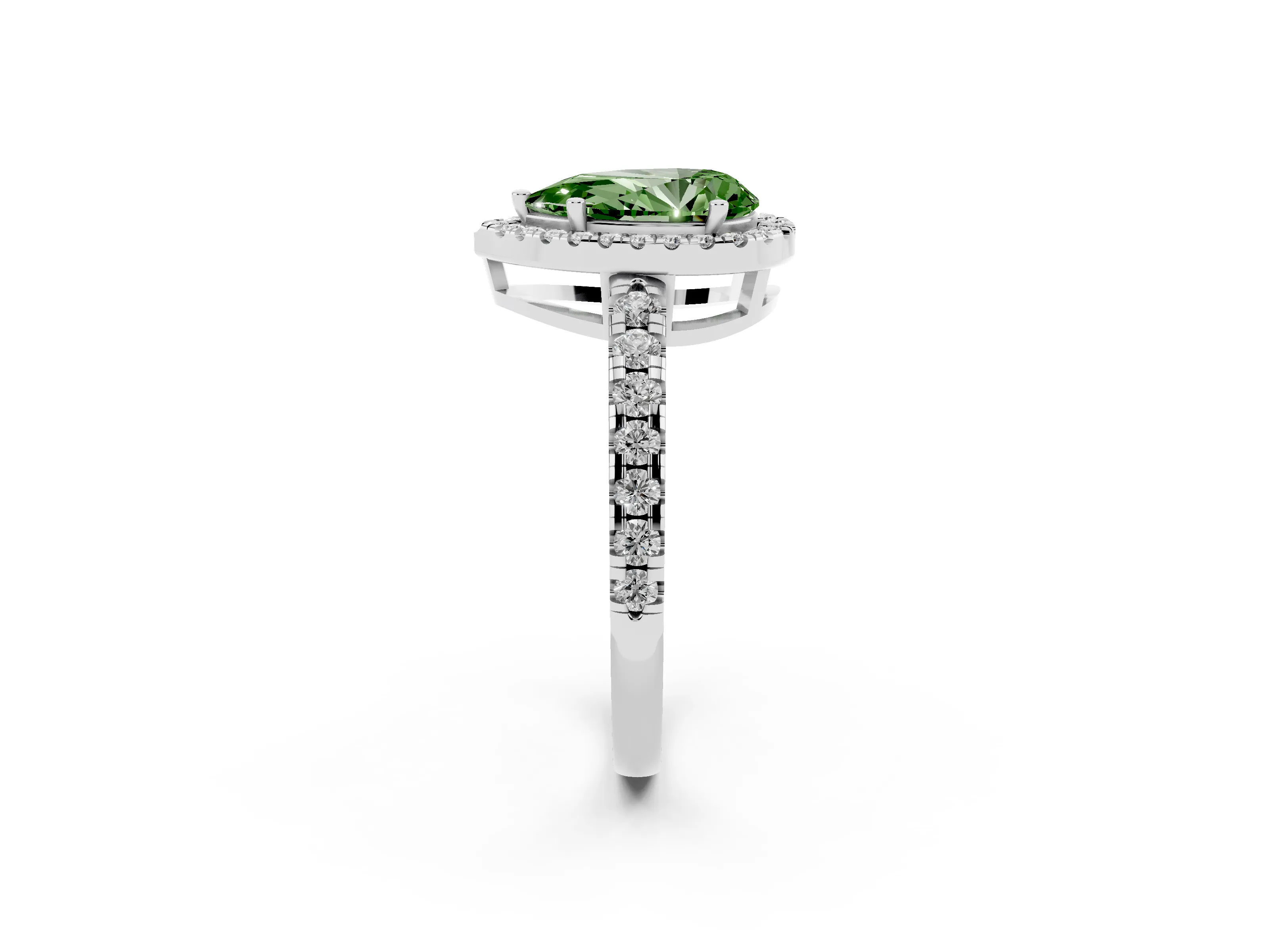 Fancy Green Pear Cut Diamond Halo Ring Set in Platinum with Delicate Pavé Band and Prong Setting