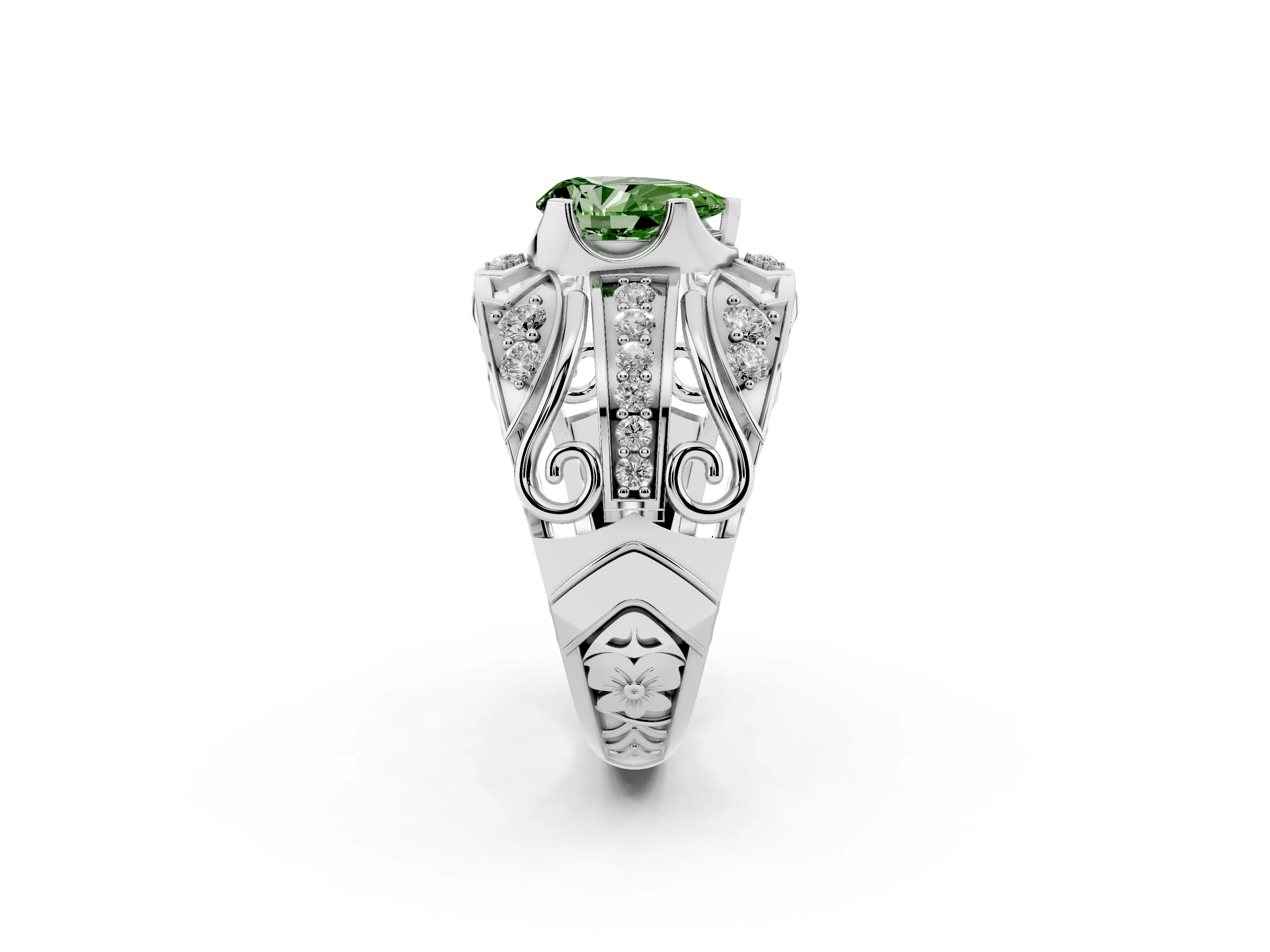 Fancy Green Pear Cut Diamond Art Deco Ring Set in Platinum with Pavé Split Shank