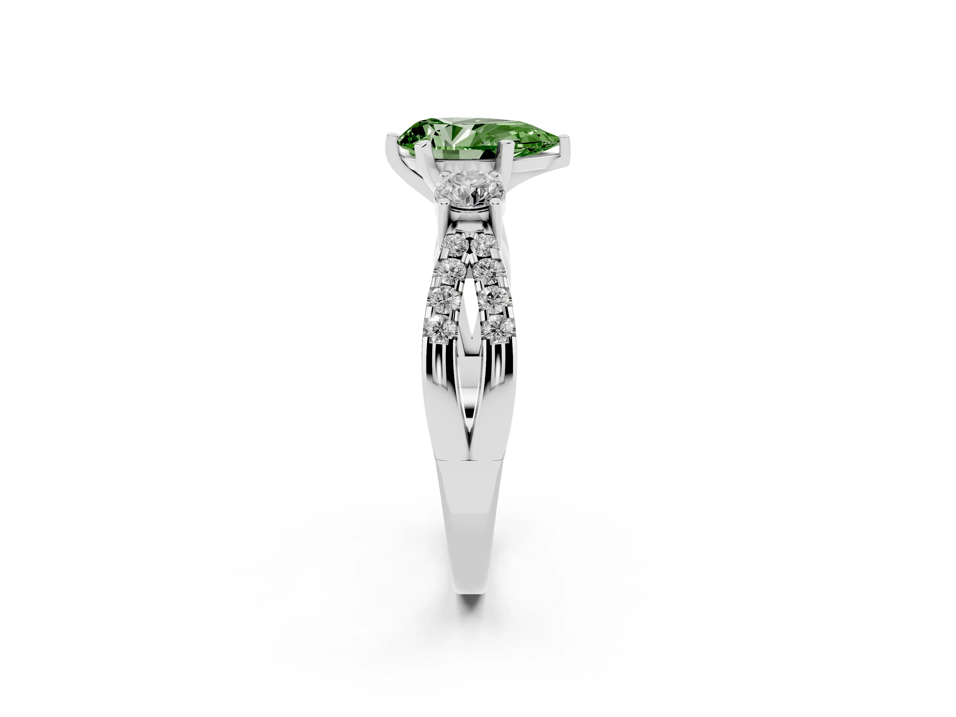 Fancy Green Pear Cut Diamond Three-Stone Ring Set in Silver with Pavé Split Shank and Prong Setting