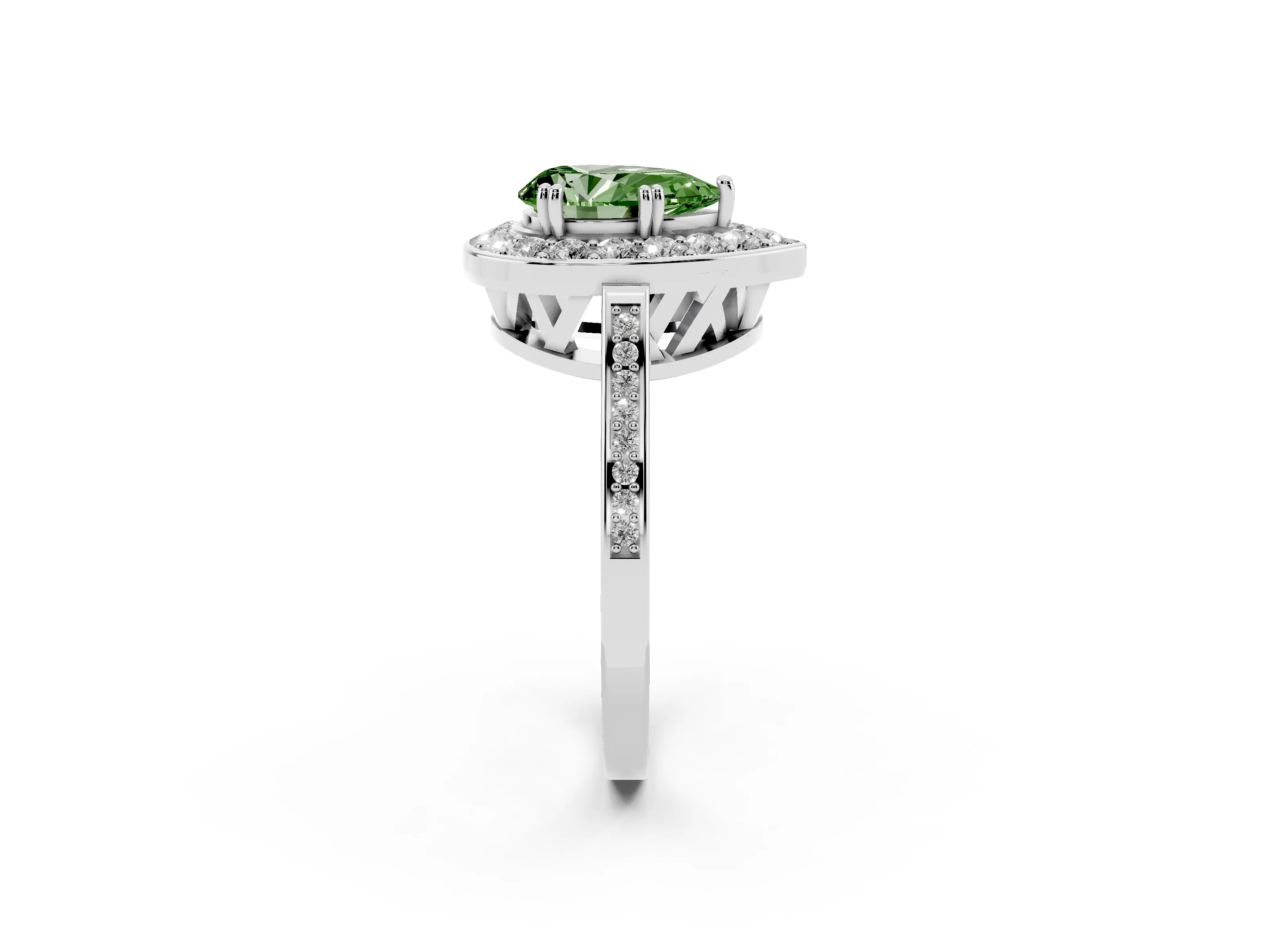 Fancy Green Pear Cut Diamond Halo Ring Set in Silver with Accent-Lined Split Shank and Prong Setting