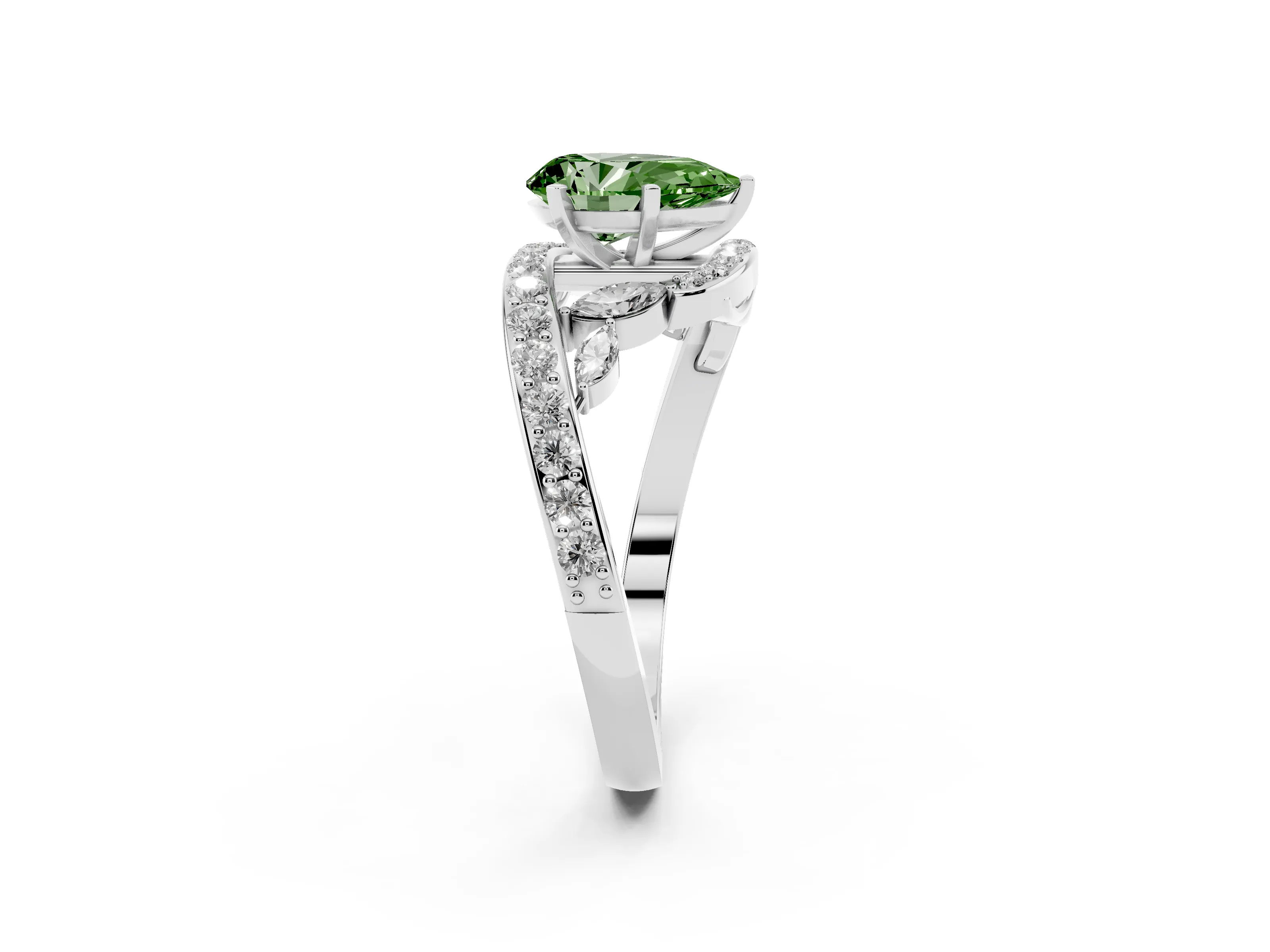 Fancy Green Pear Cut Diamond Solitaire Ring Set in White gold with Pavé Twist Band and Secure Prong Setting