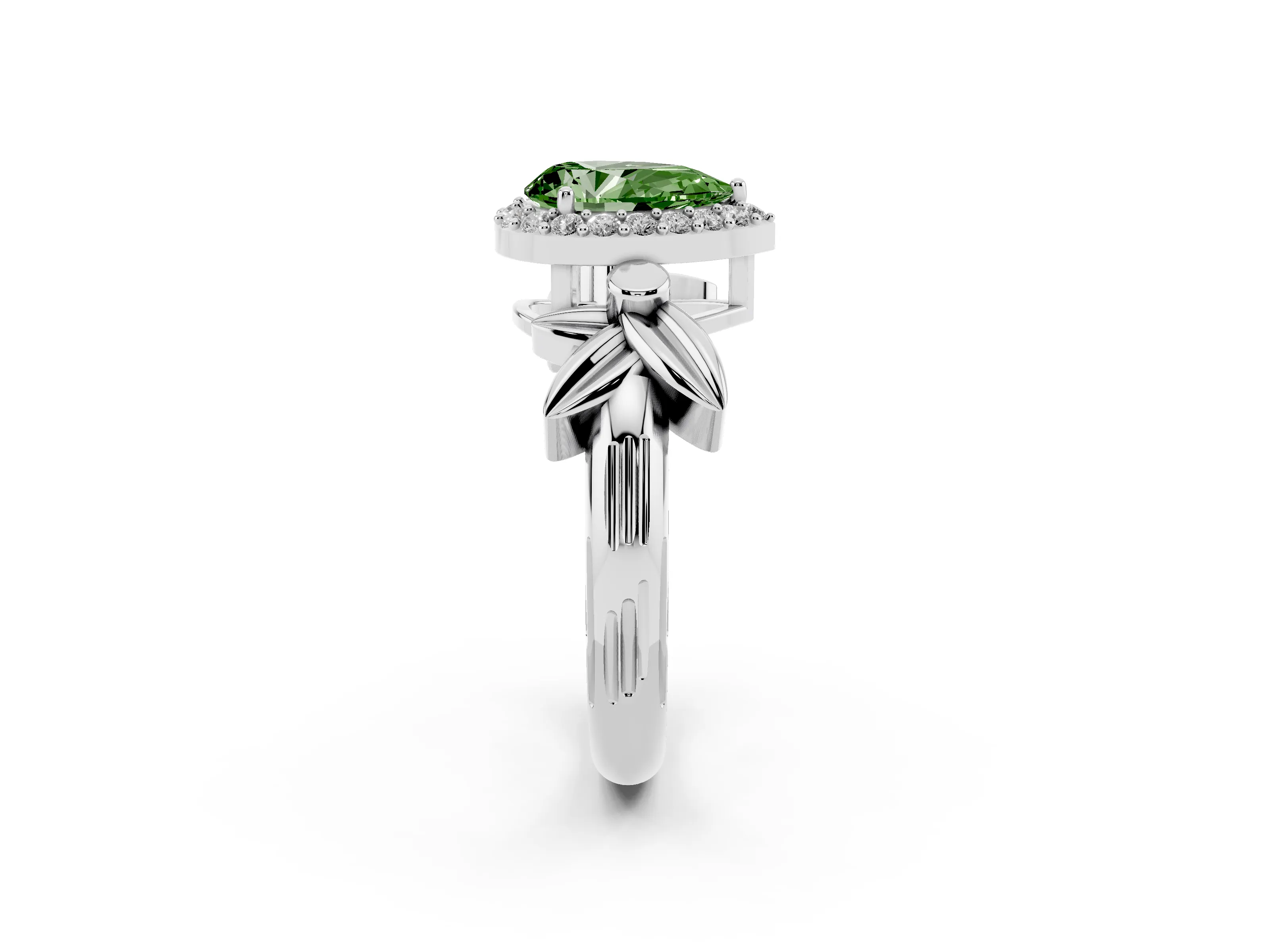 Fancy Green Pear Cut Diamond Halo Floral Band Ring Set in White gold with Prong Setting