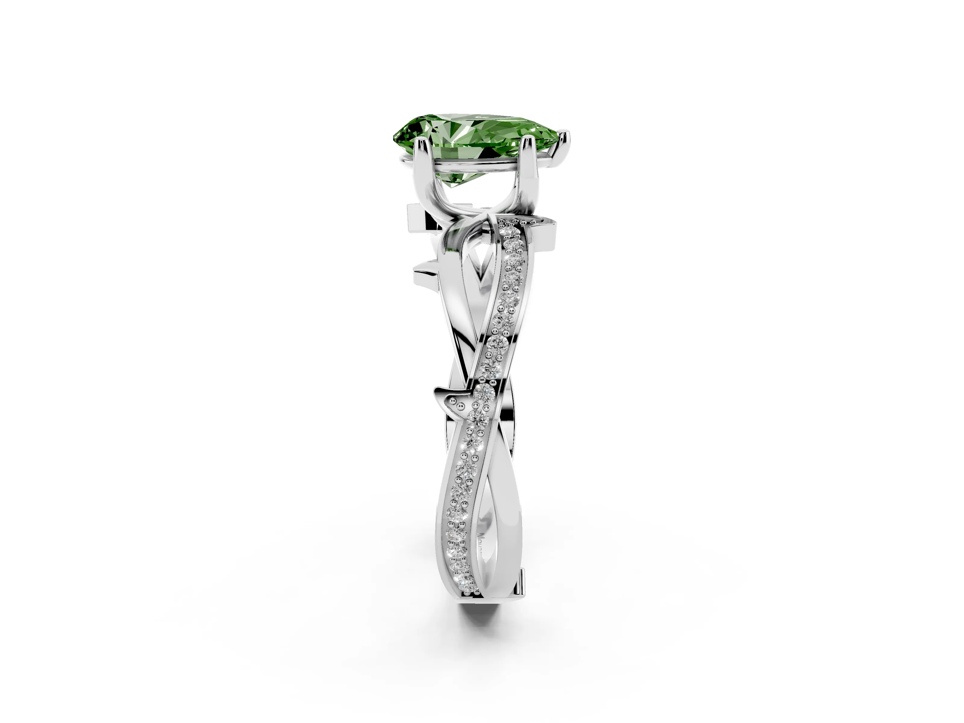 Fancy Green Pear Cut Diamond Pavé Twist Band Solitaire Ring Set in Silver with Prong Setting