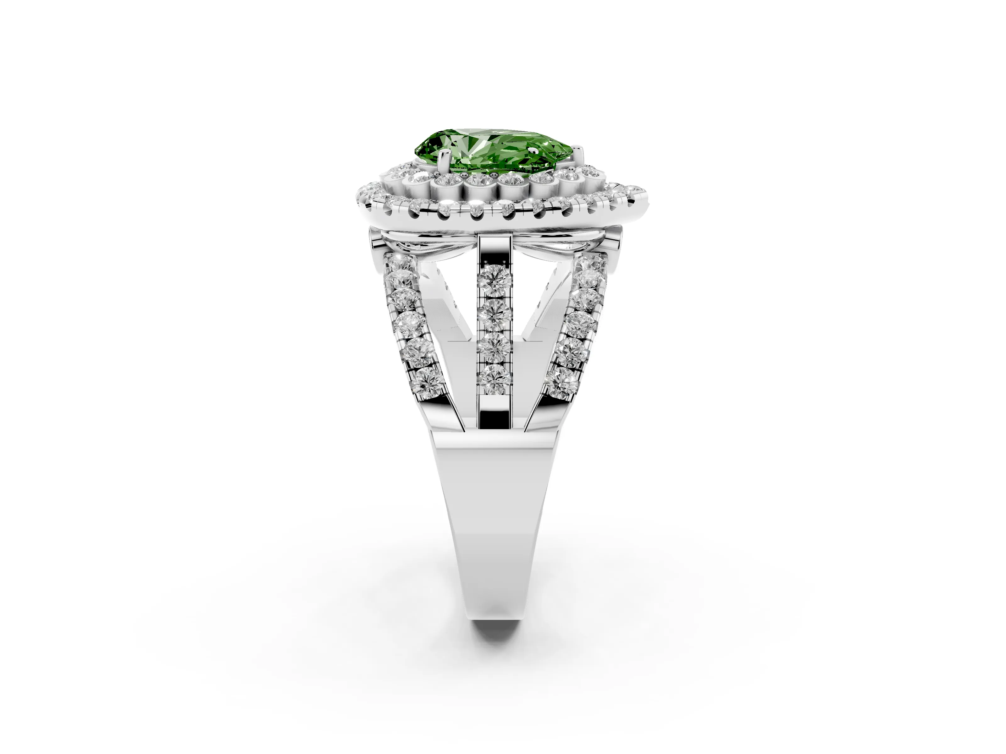Fancy Green Pear Cut Diamond Double Halo Ring Set in Silver with Round Pavé Split Shank