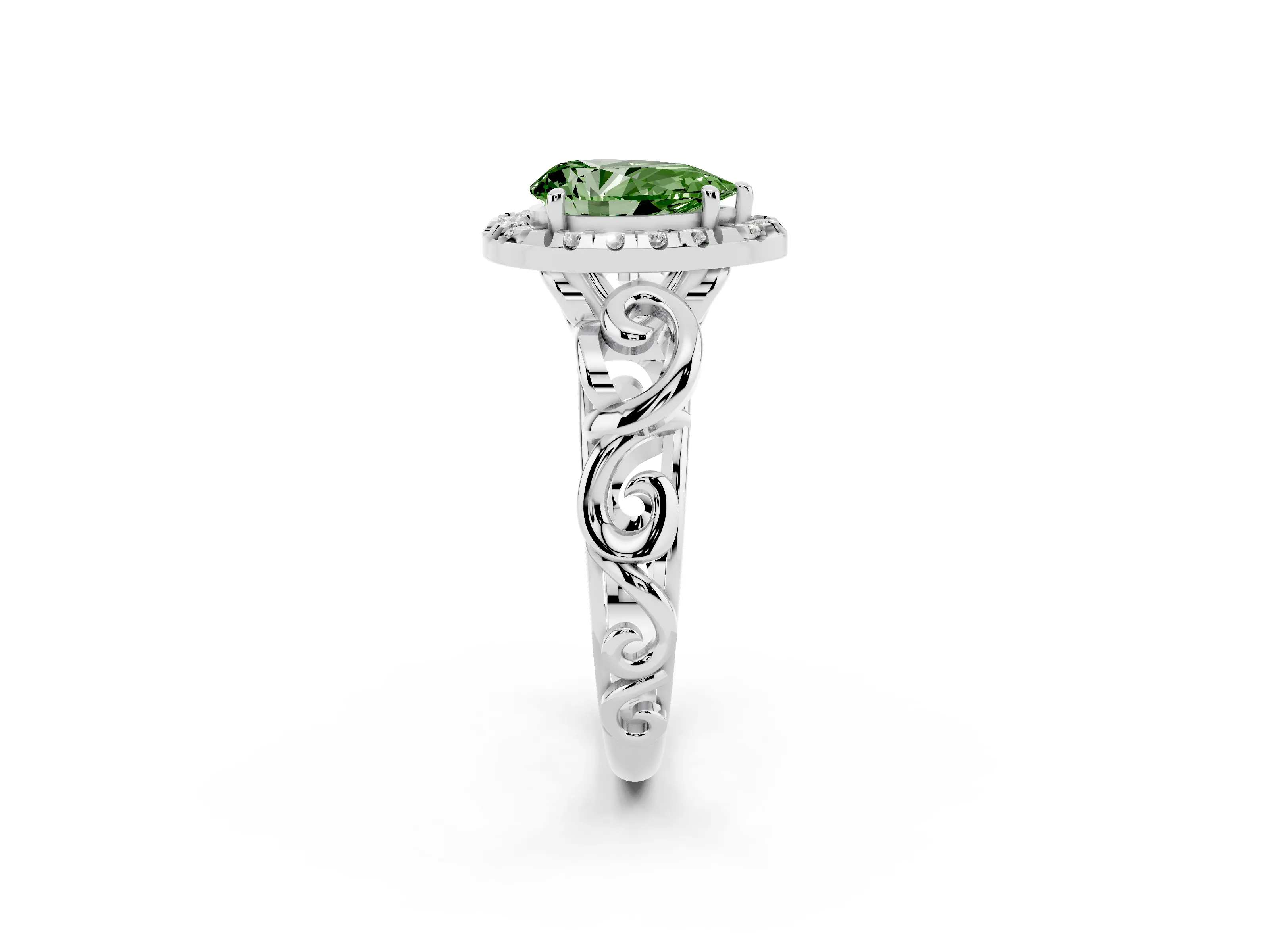 Fancy Green Pear Cut Diamond Halo Ring Set in Platinum with Scrollwork Band and Prong Setting