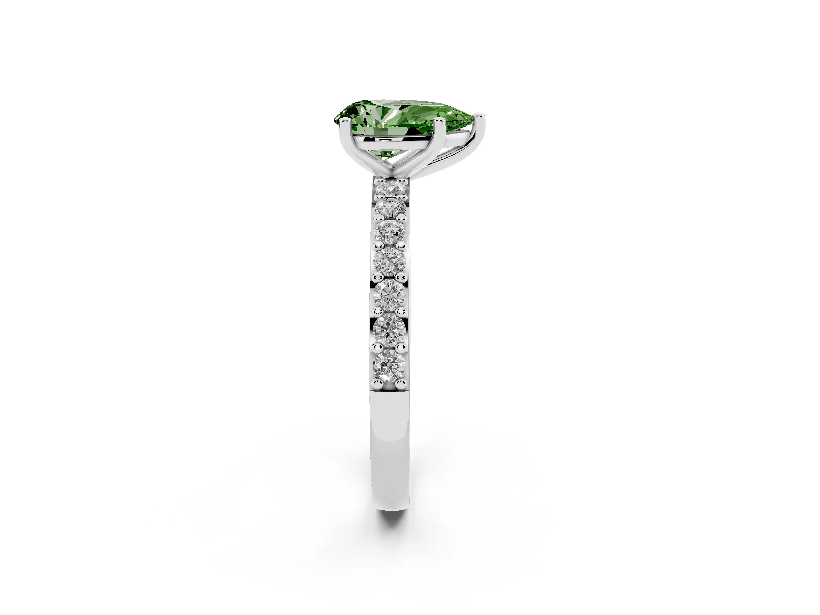 Fancy Green Pear Cut Diamond Solitaire Set in White gold with Round Pavé Band and Prong Setting