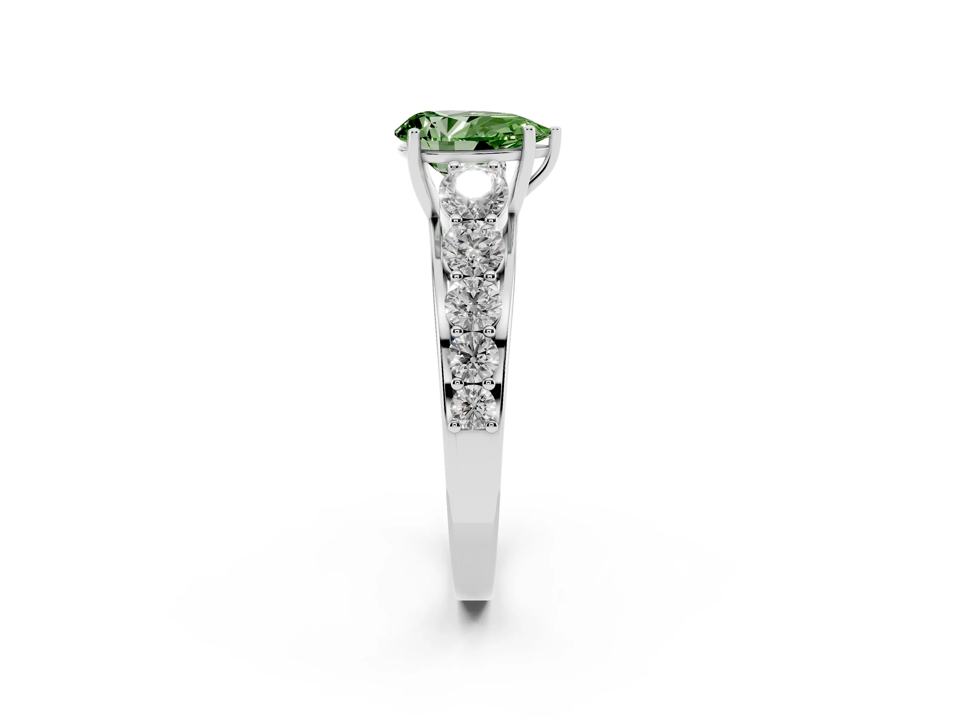 Fancy Green Pear Cut Diamond Solitaire Ring Set in Silver with Pavé-Set Band and Prong Setting