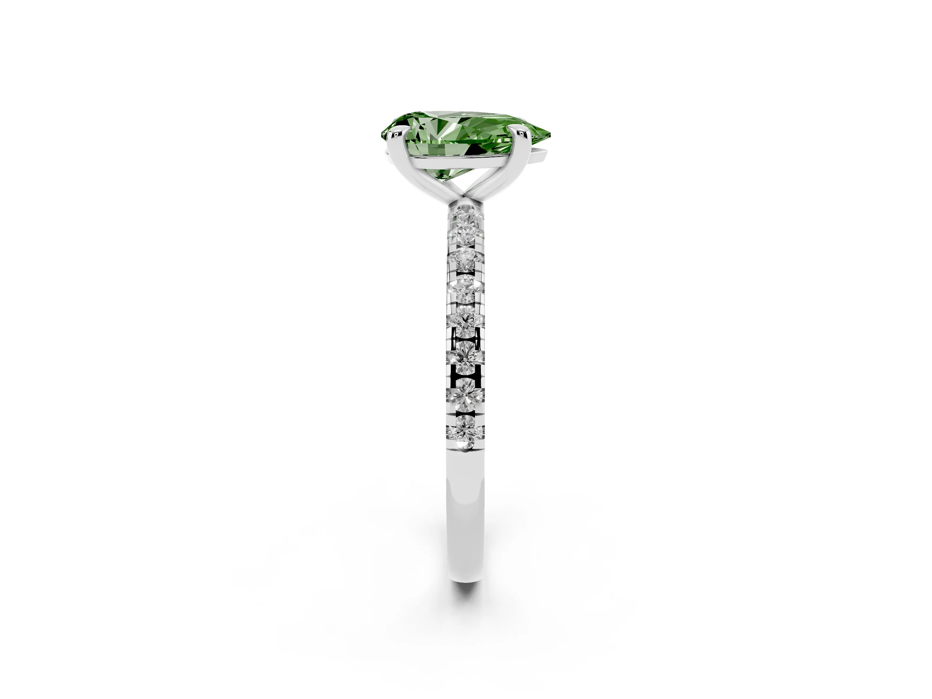 Fancy Green Pear Cut Diamond Brilliant Solitaire Ring Set in White gold with Pavé Band and Prong Setting