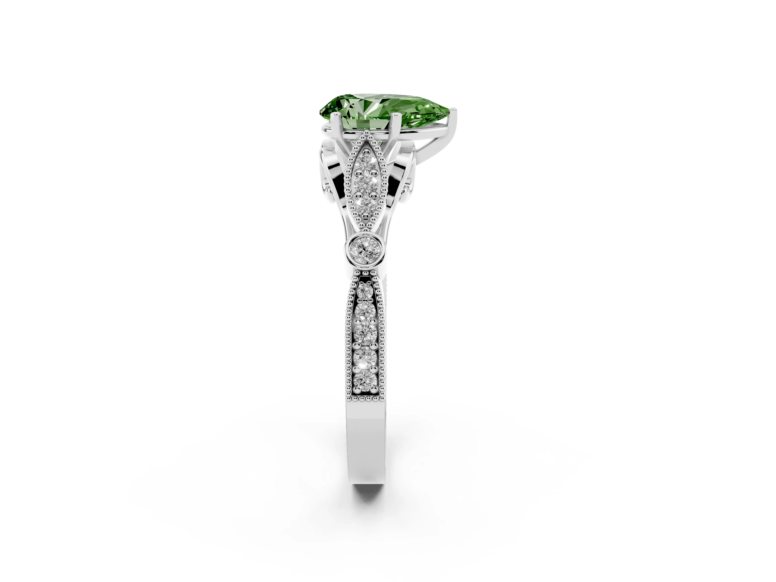 Fancy Green Pear Cut Diamond Solitaire Ring Set in White gold with Milgrain Marquise and Bezel Accents