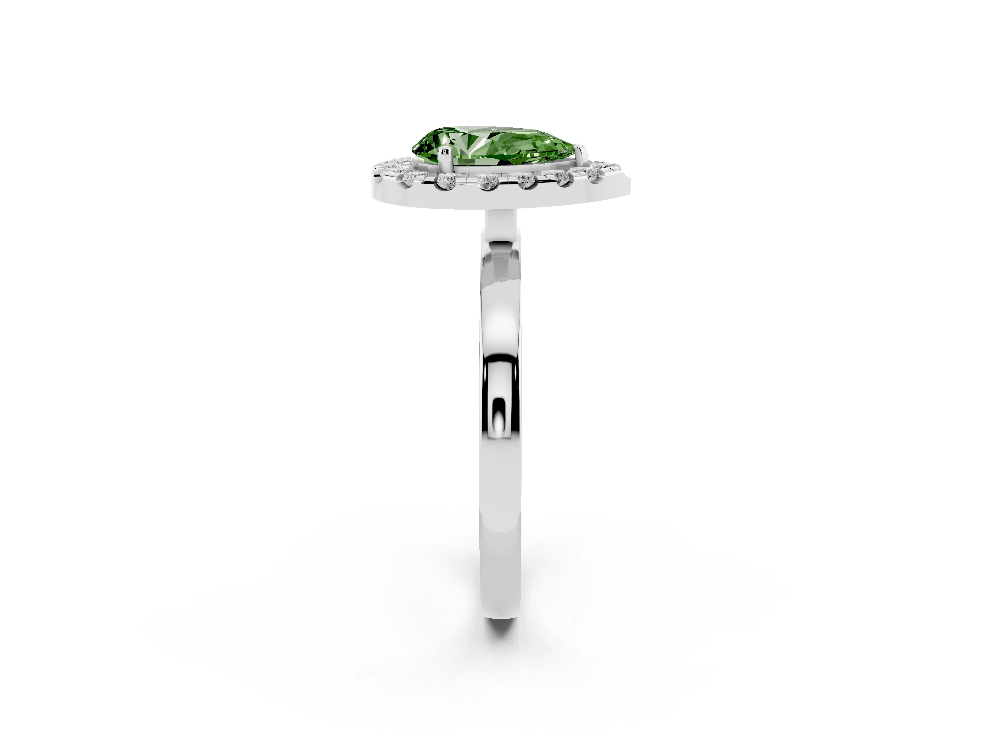 Fancy Green Pear Cut Diamond Halo Solitaire Ring Set in Silver with Pavé Band and Prong Setting