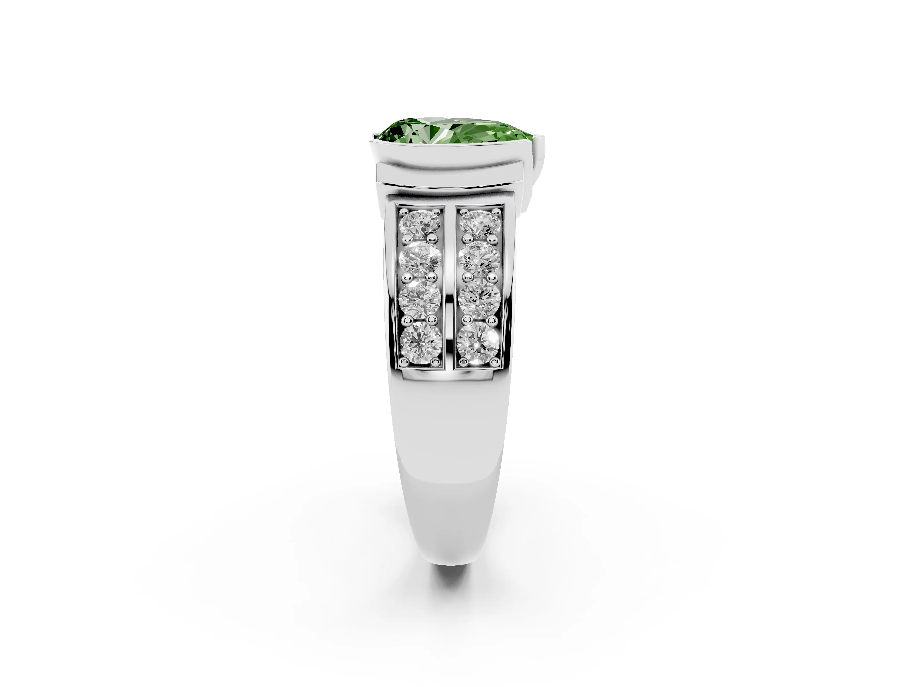 Fancy Green Pear Cut Diamond Wide Channel Set Band Ring Set in Silver with Bezel Setting