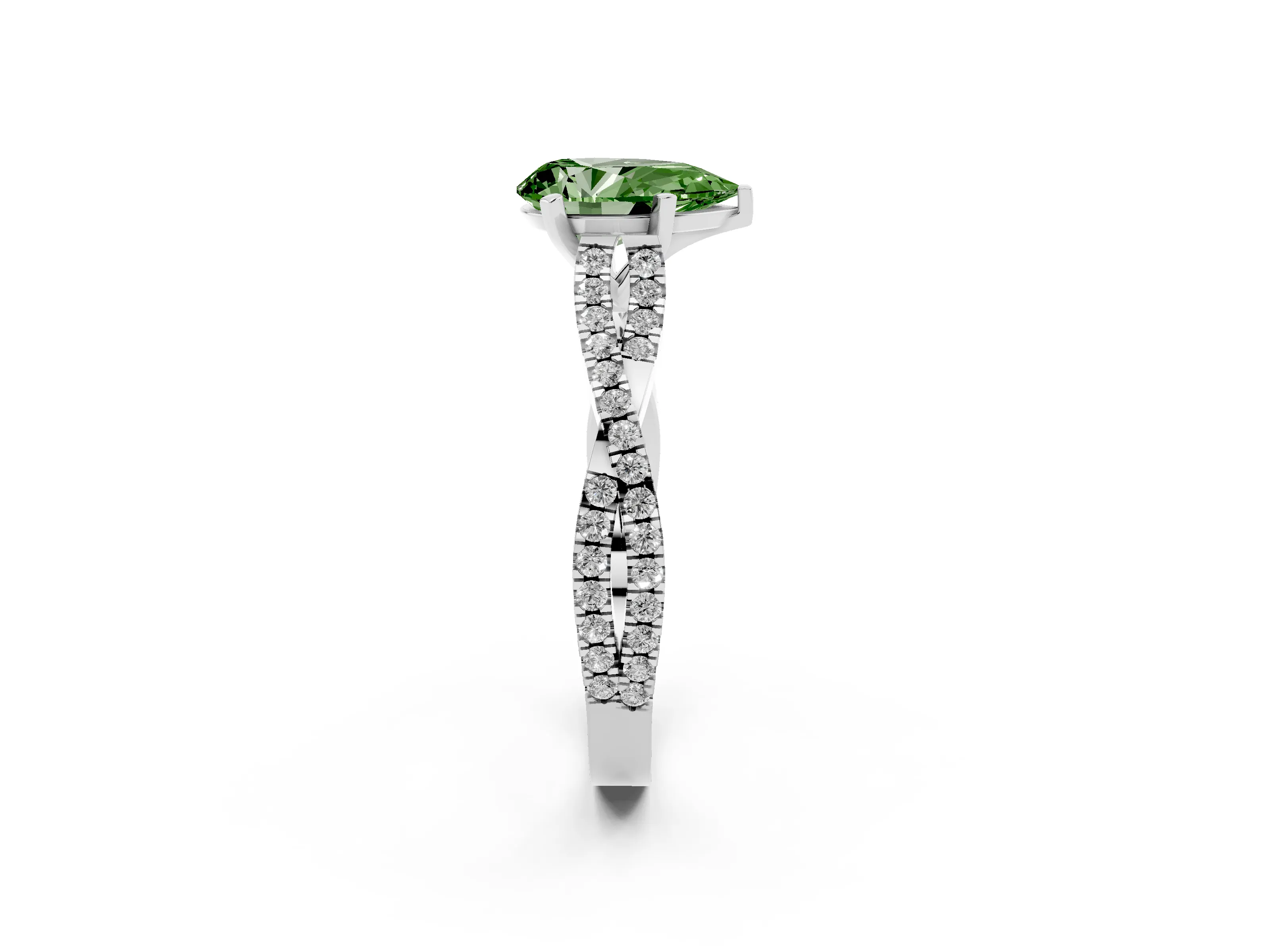 Fancy Green Pear Cut Diamond Solitaire Engagement Ring Set in White gold with Twisted Pavé Band and Prong Setting