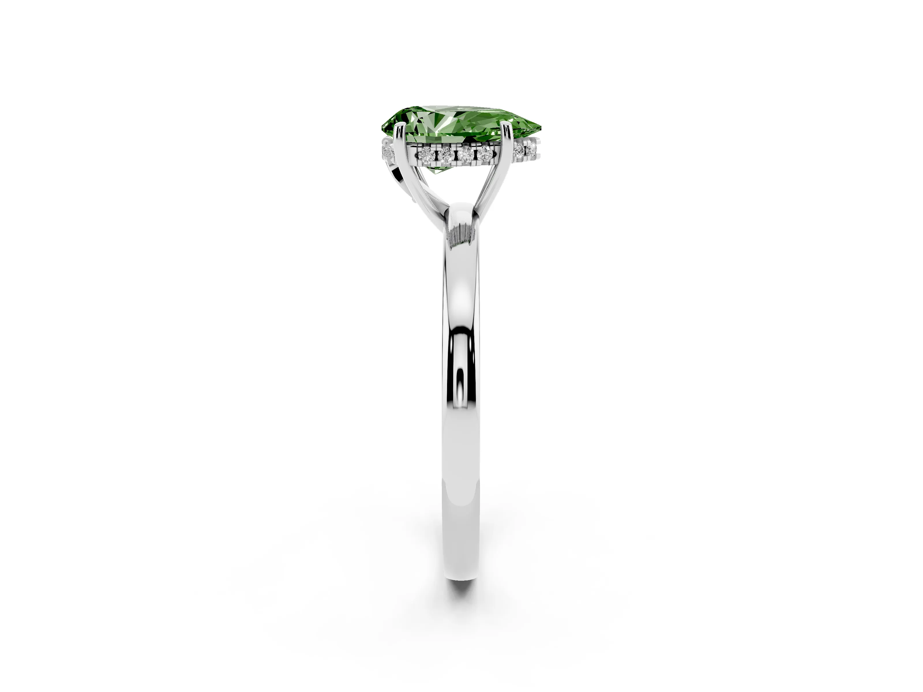 Fancy Green Pear Cut Diamond Solitaire Ring Set in Silver with Plain Band and Prong Setting