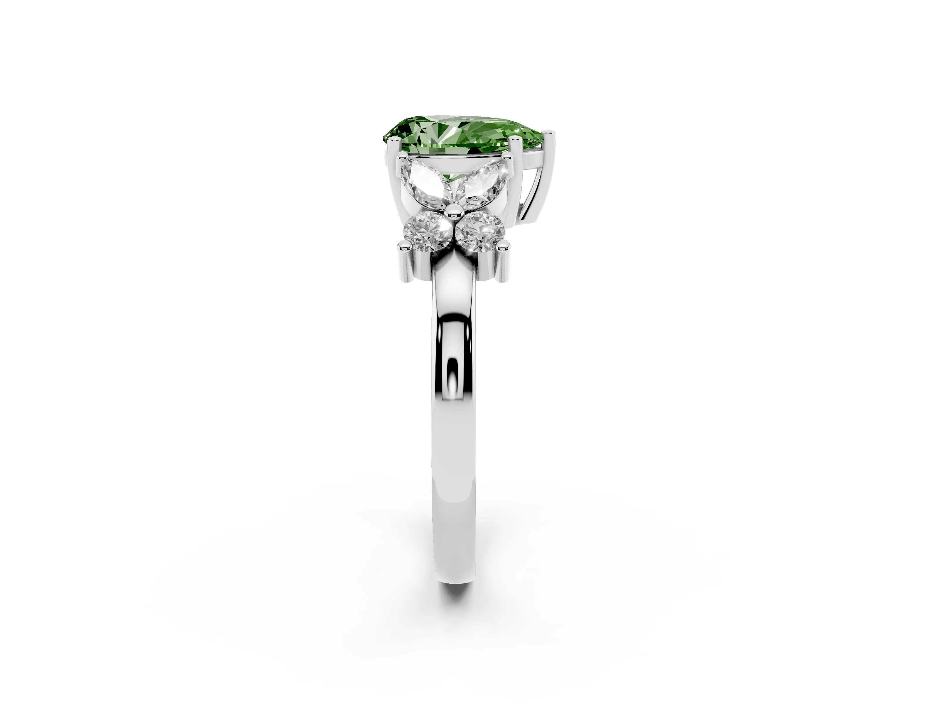Fancy Green Pear Cut Diamond Floral Cluster Ring Set in Silver with Marquise Petals and Prong Setting