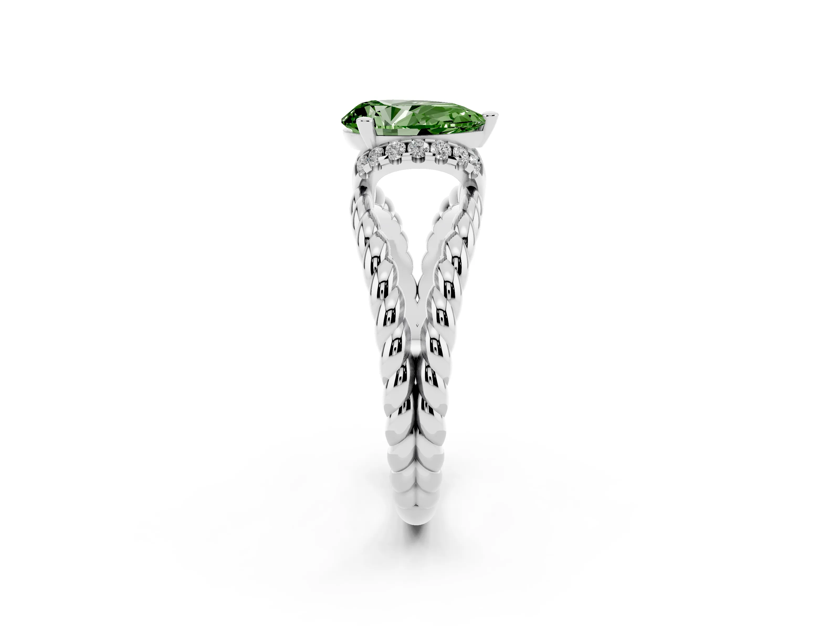 Fancy Green Pear Cut Diamond Halo Ring Set in White gold with Twisted Band and Prong Setting