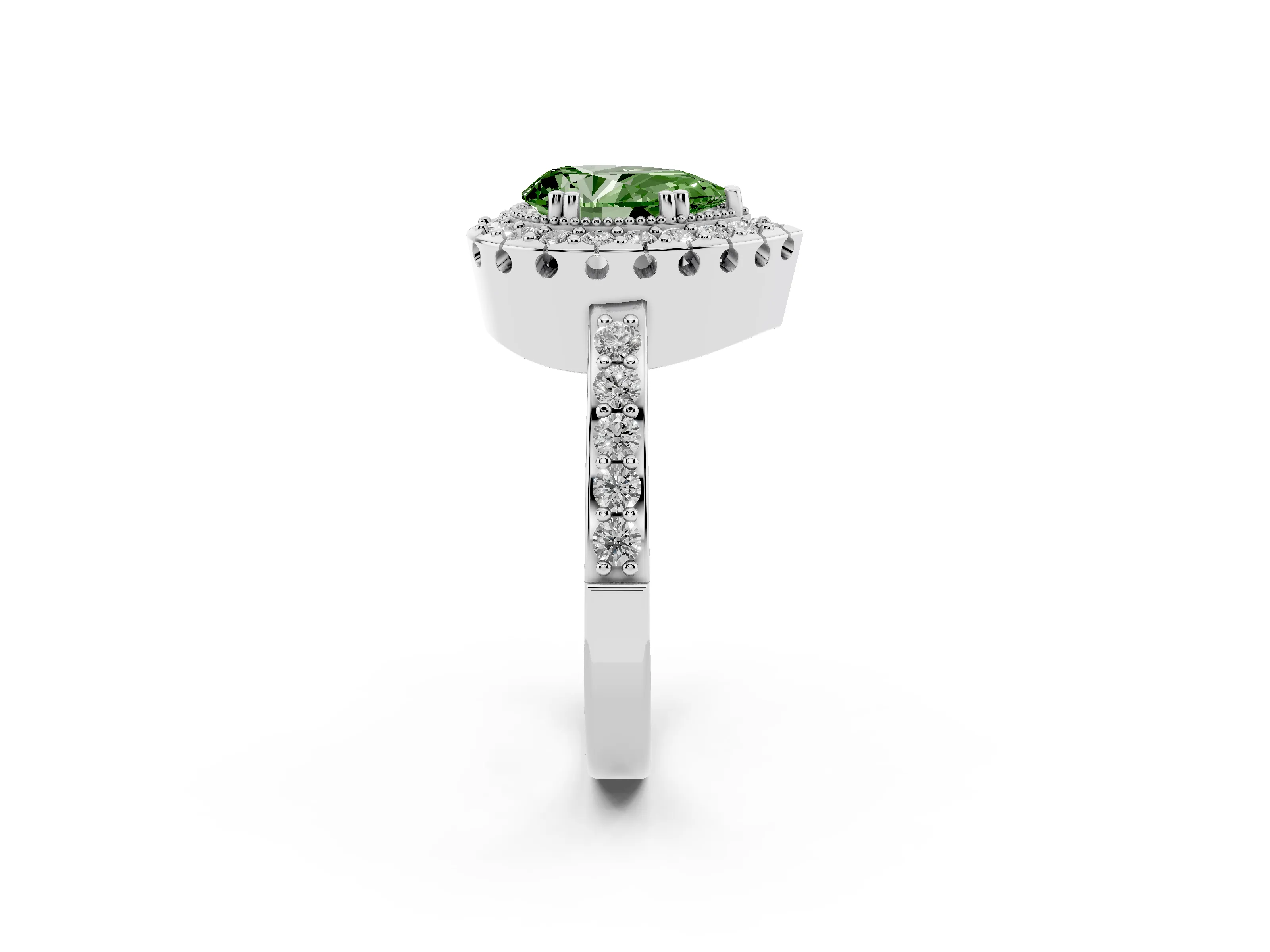 Fancy Green Pear Cut Diamond Halo Ring Set in White gold with Pavé Shank and Prong Setting