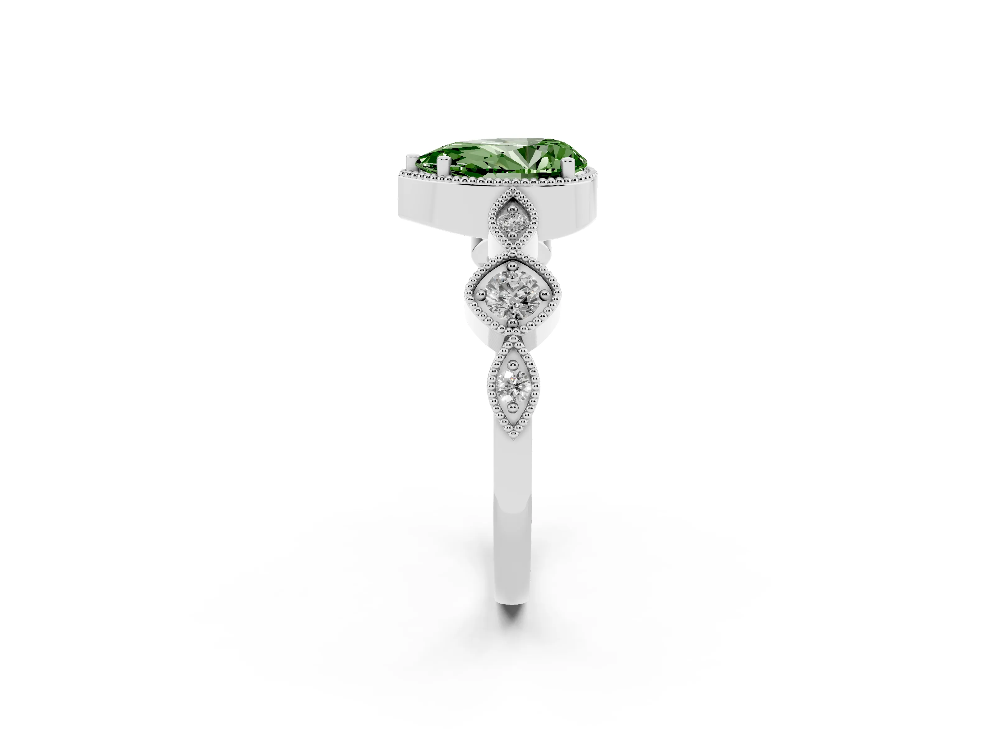 Fancy Green Pear Cut Diamond Vintage-Inspired Milgrain Ring Set in Platinum with Marquise Stations of Round Accents