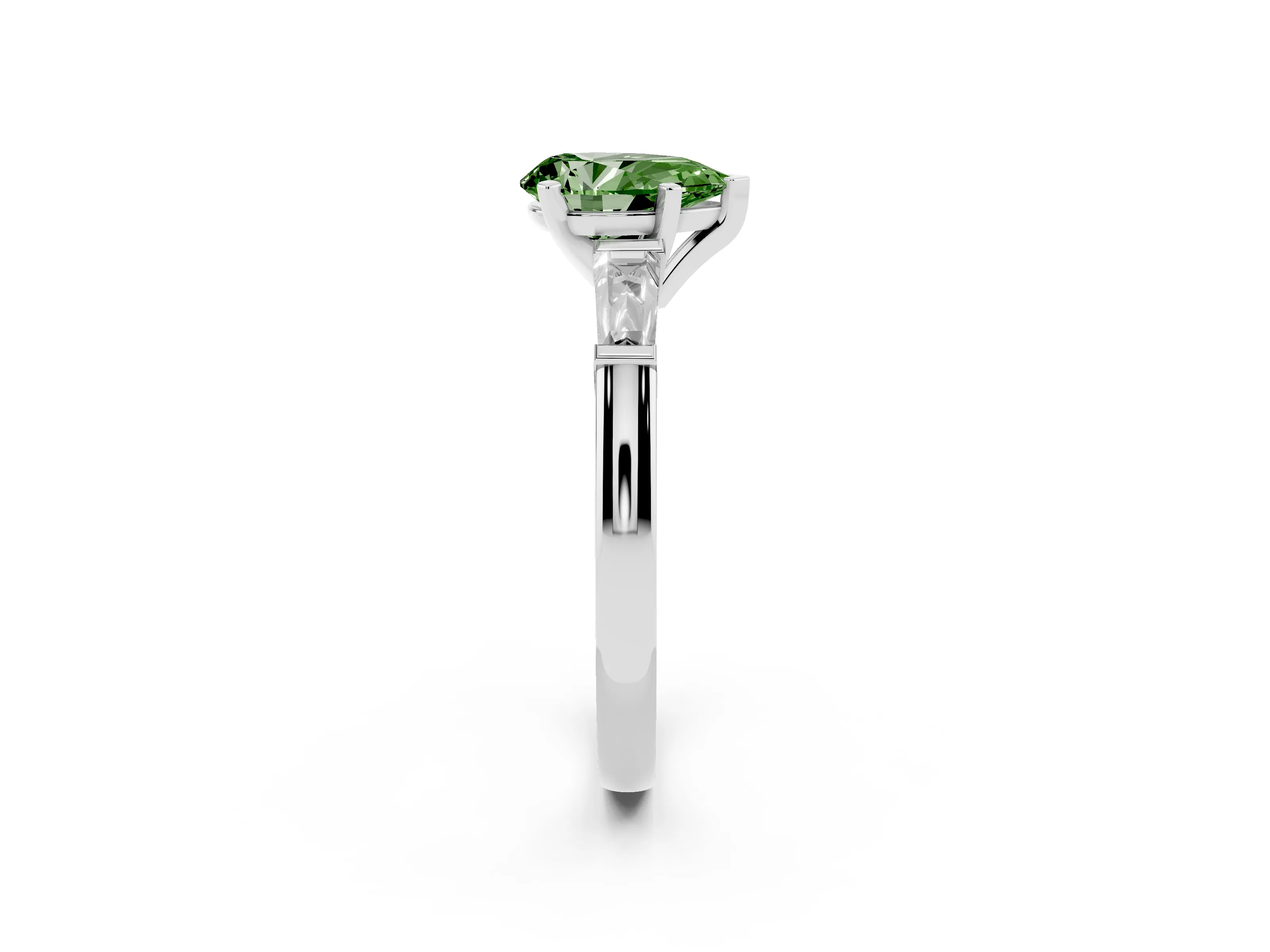 Fancy Green Pear Cut Diamond Solitaire Ring Set in Platinum with Tapered Baguette Side Stones and Prong Setting