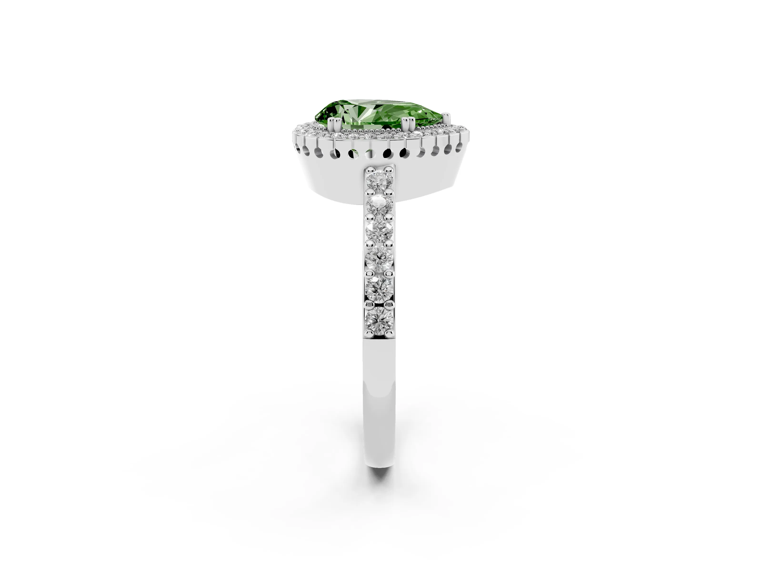 Fancy Green Pear Cut Diamond Halo Engagement Ring Set in Platinum with Milgrain Detail and Pavé Band