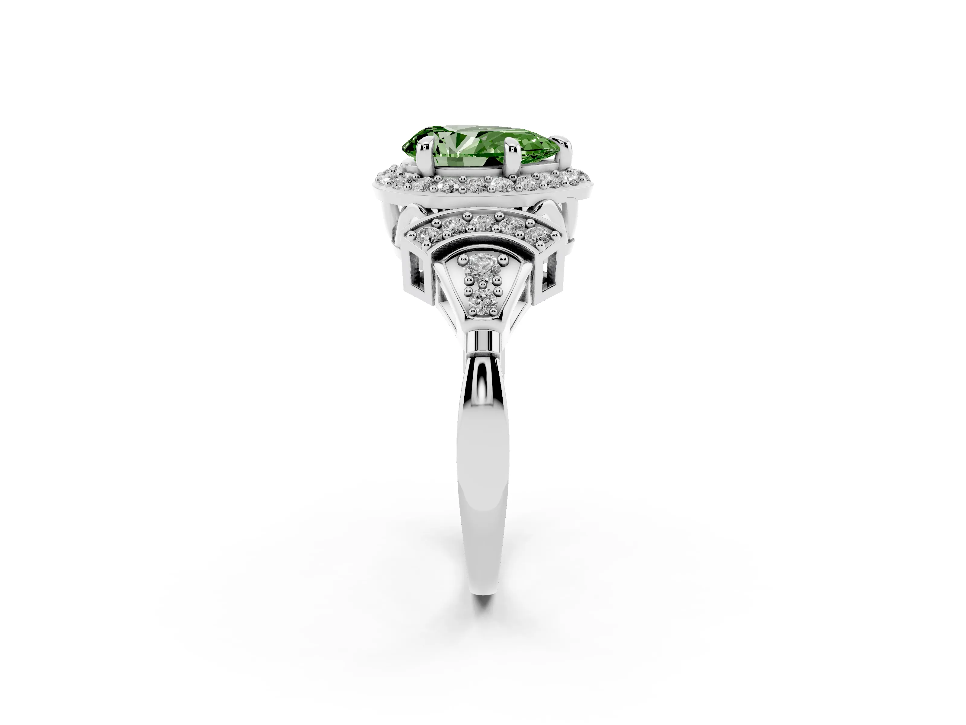 Fancy Green Pear Cut Diamond Halo Engagement Ring Set in Silver with Accent Stone Split Shank
