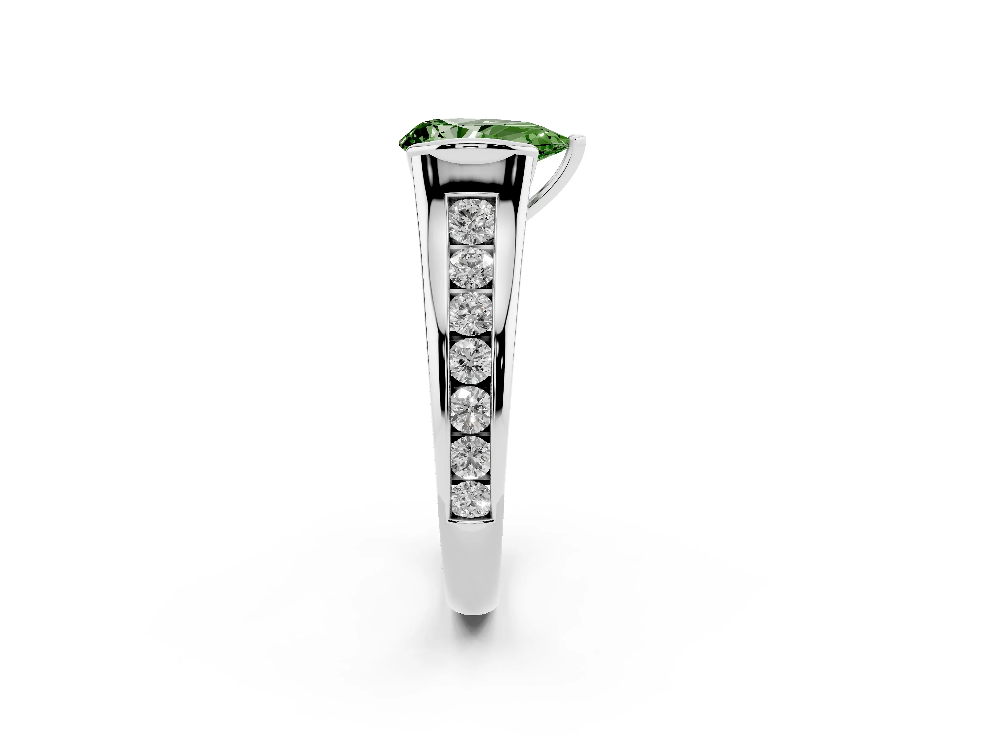 Fancy Green Pear Cut Diamond Bezel-Set Solitaire Ring Set in Silver with Channel-Set Band