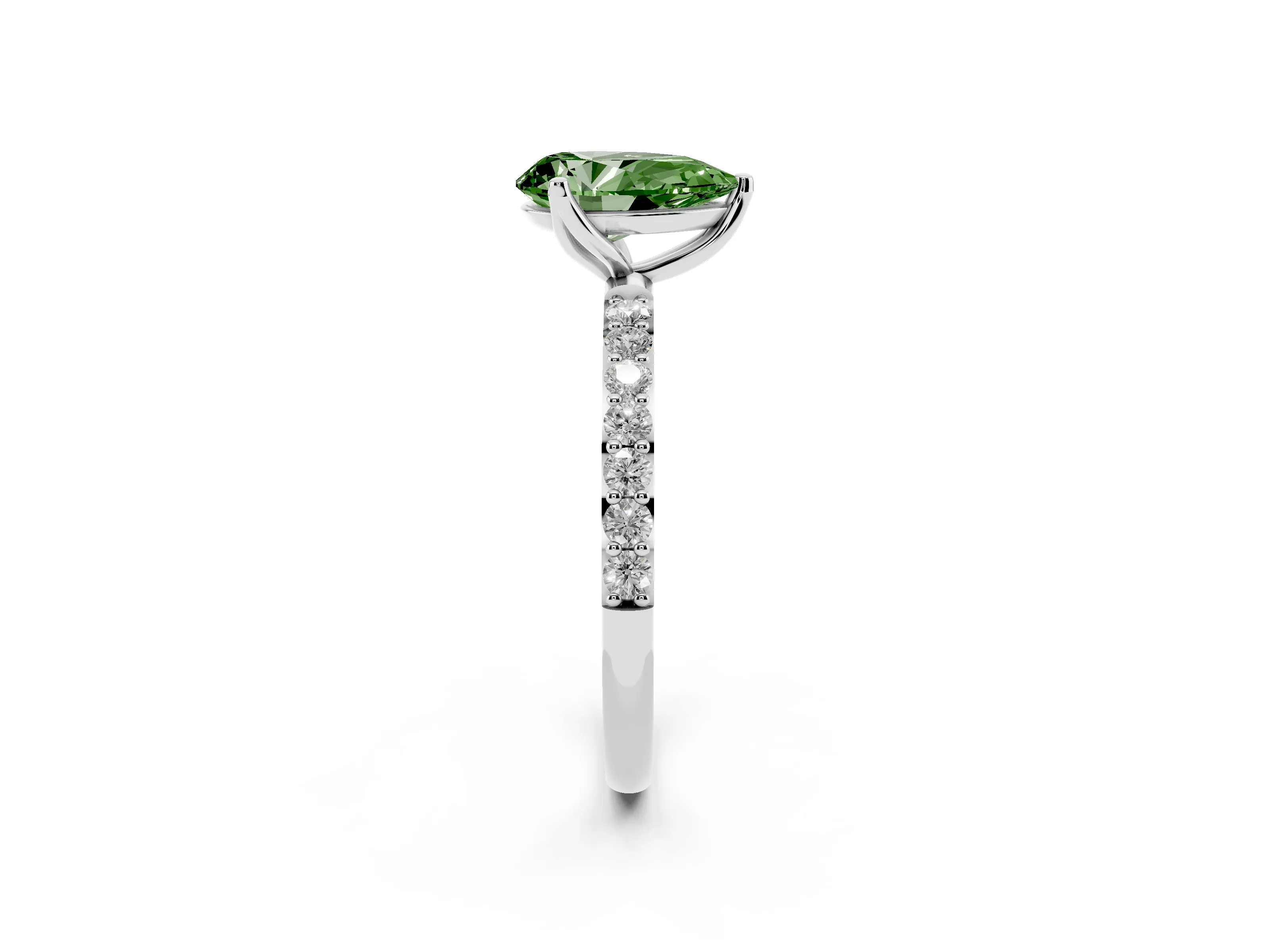 Fancy Green Pear Cut Diamond Solitaire Engagement Ring Set in Platinum with Round Pavé Band and Prong Setting
