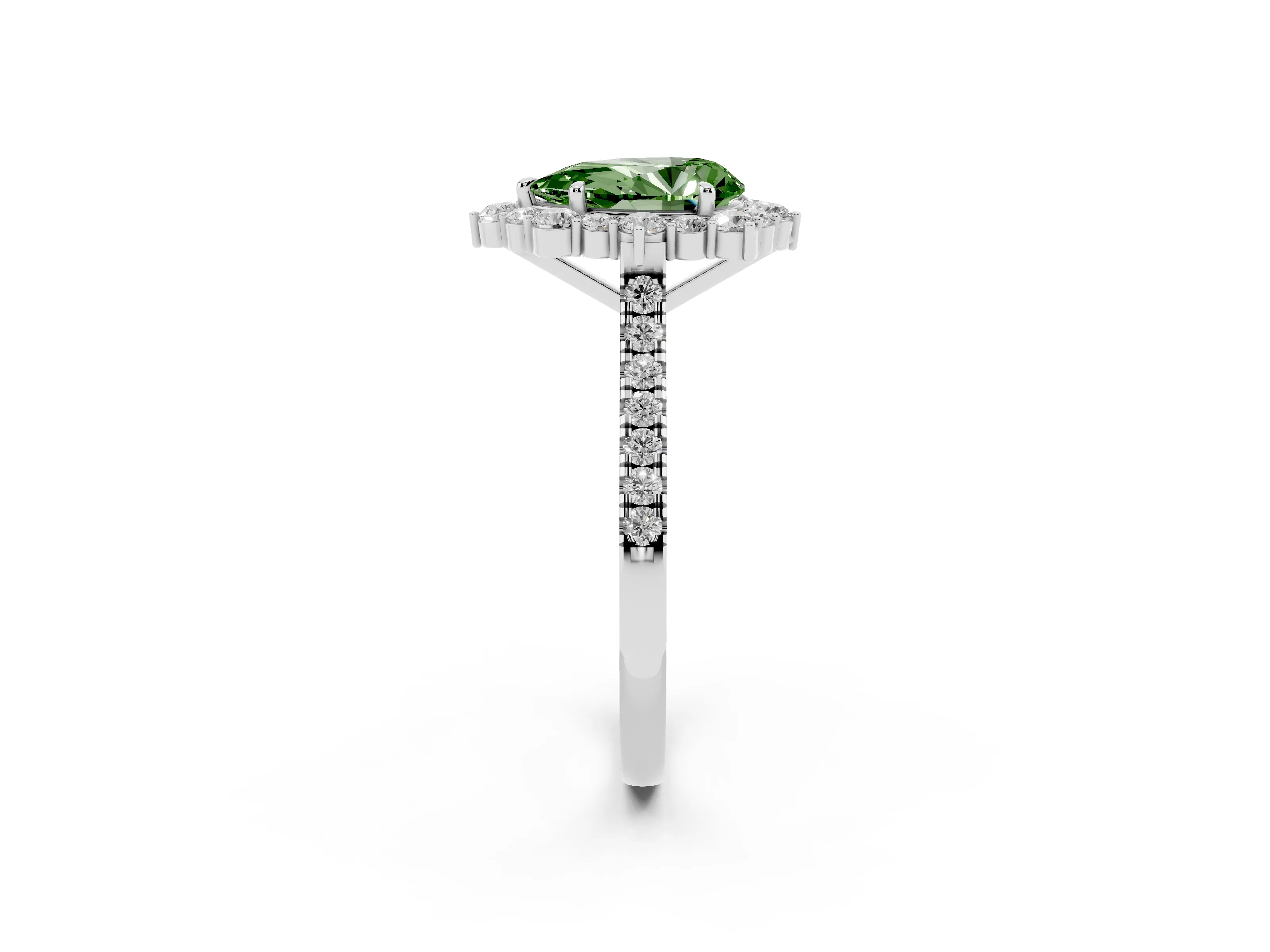 Fancy Green Pear Cut Diamond Halo Ring Set in Platinum with Pavé Band and Prong Setting