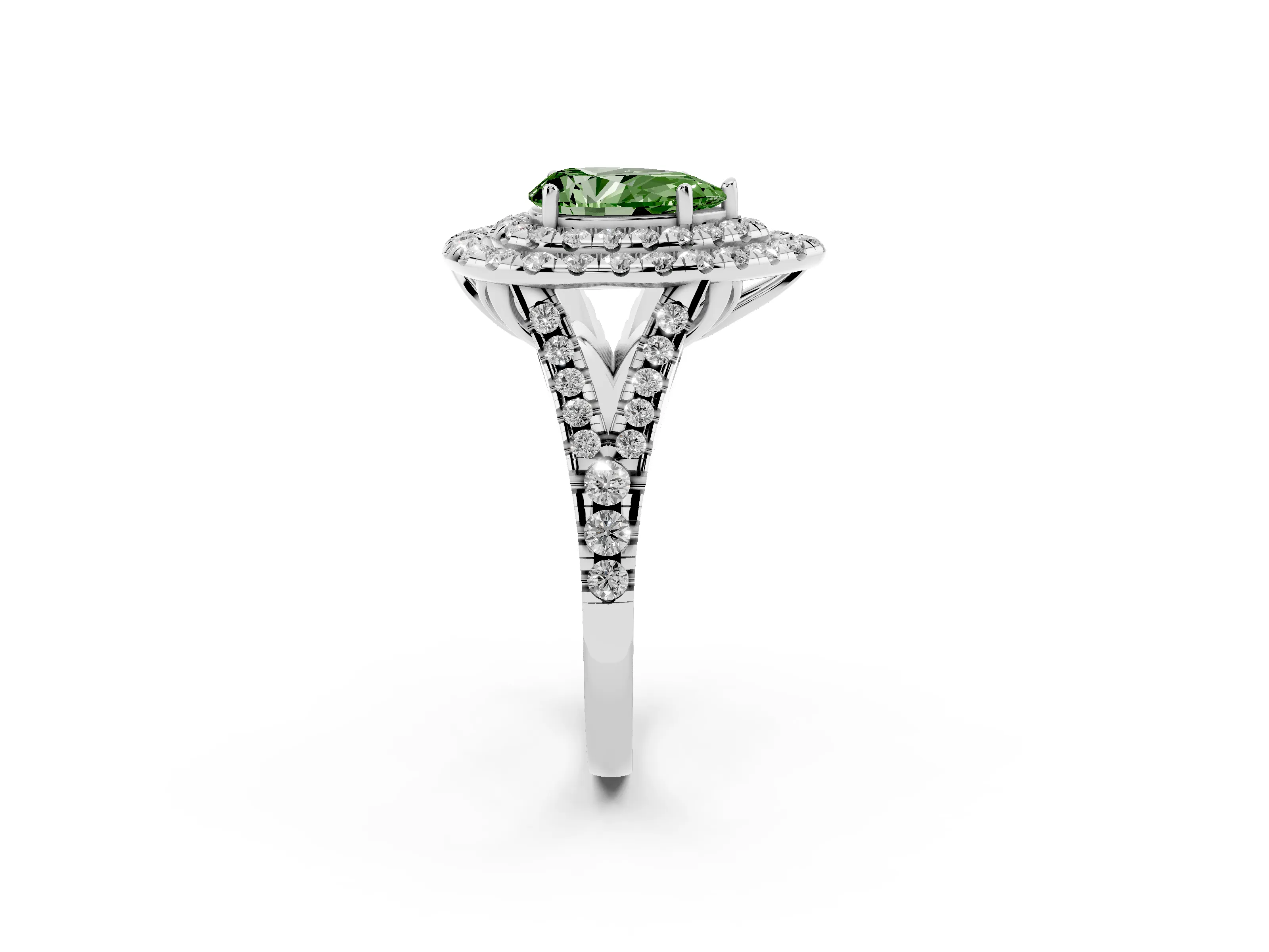Fancy Green Pear Cut Diamond Double Halo Ring Set in Silver with Pavé Split Shank and Prong Setting