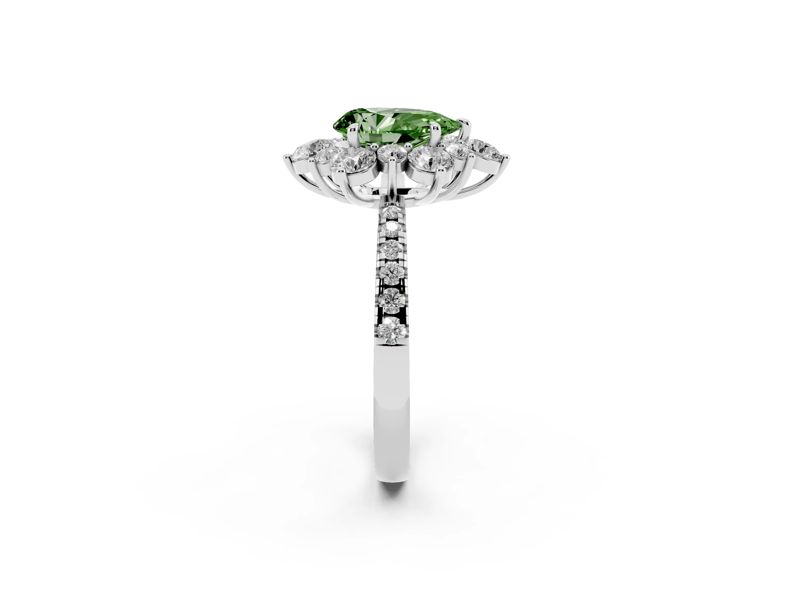 Fancy Green Pear Cut Diamond Floral Halo Ring Set in White gold with Round Pavé Band and Prong Setting