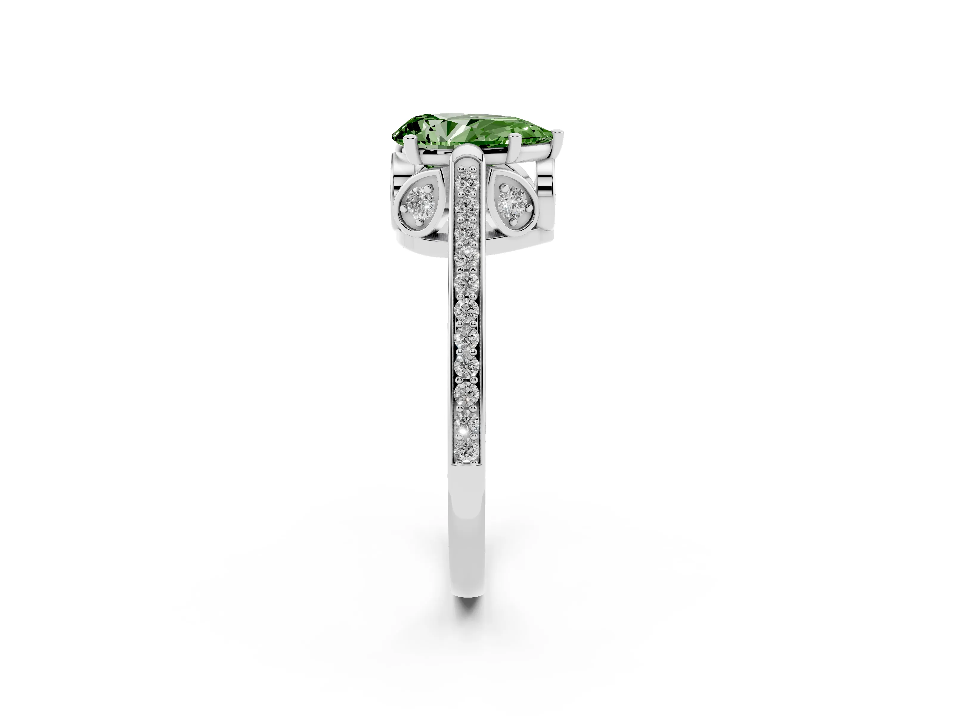 Fancy Green Pear Cut Diamond Cathedral Pavé Engagement Ring Set in White gold with Prong Setting