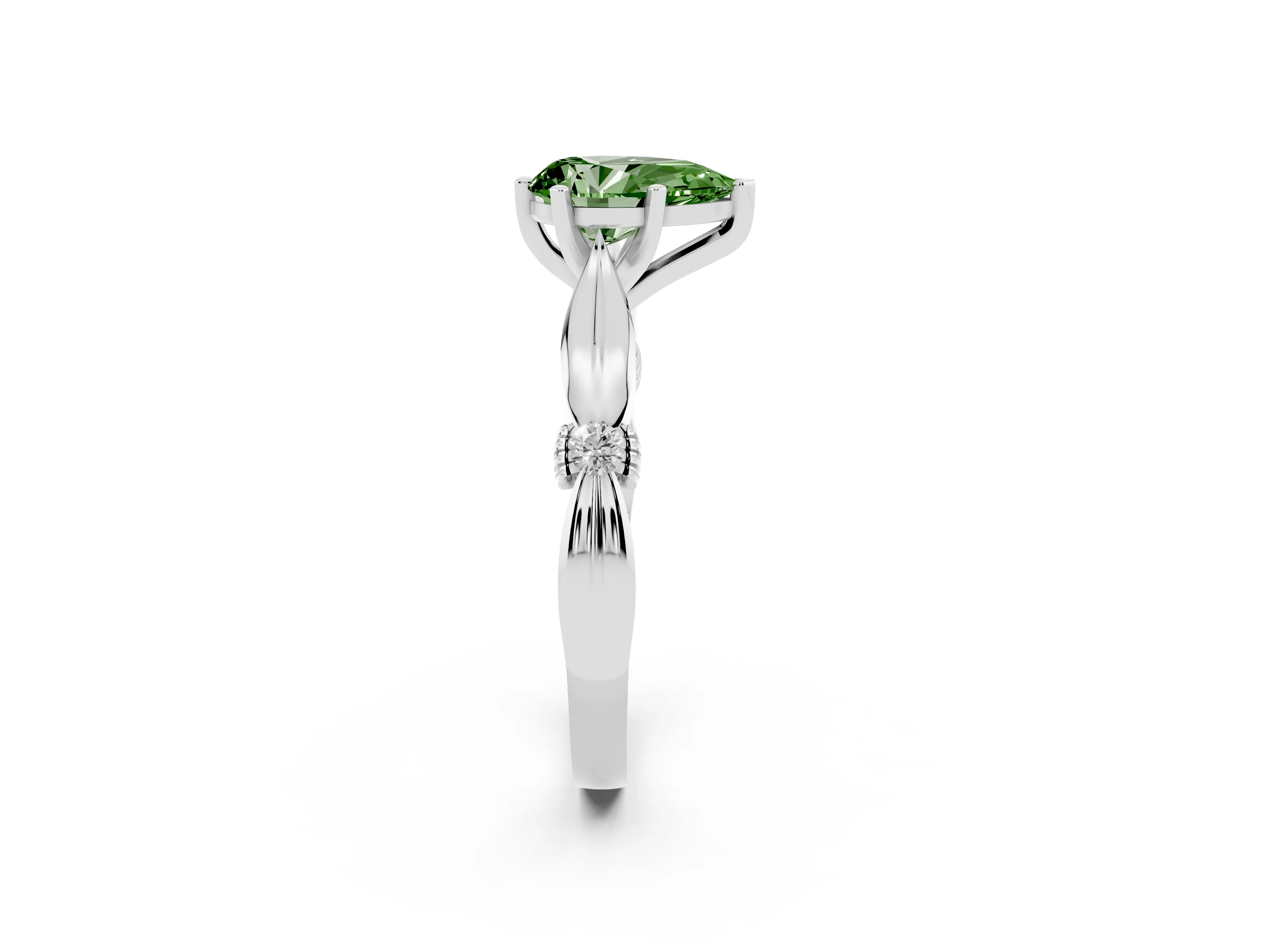 Fancy Green Pear Cut Diamond Solitaire Twisted Band Ring Set in Platinum with Accent Stones and Prong Setting