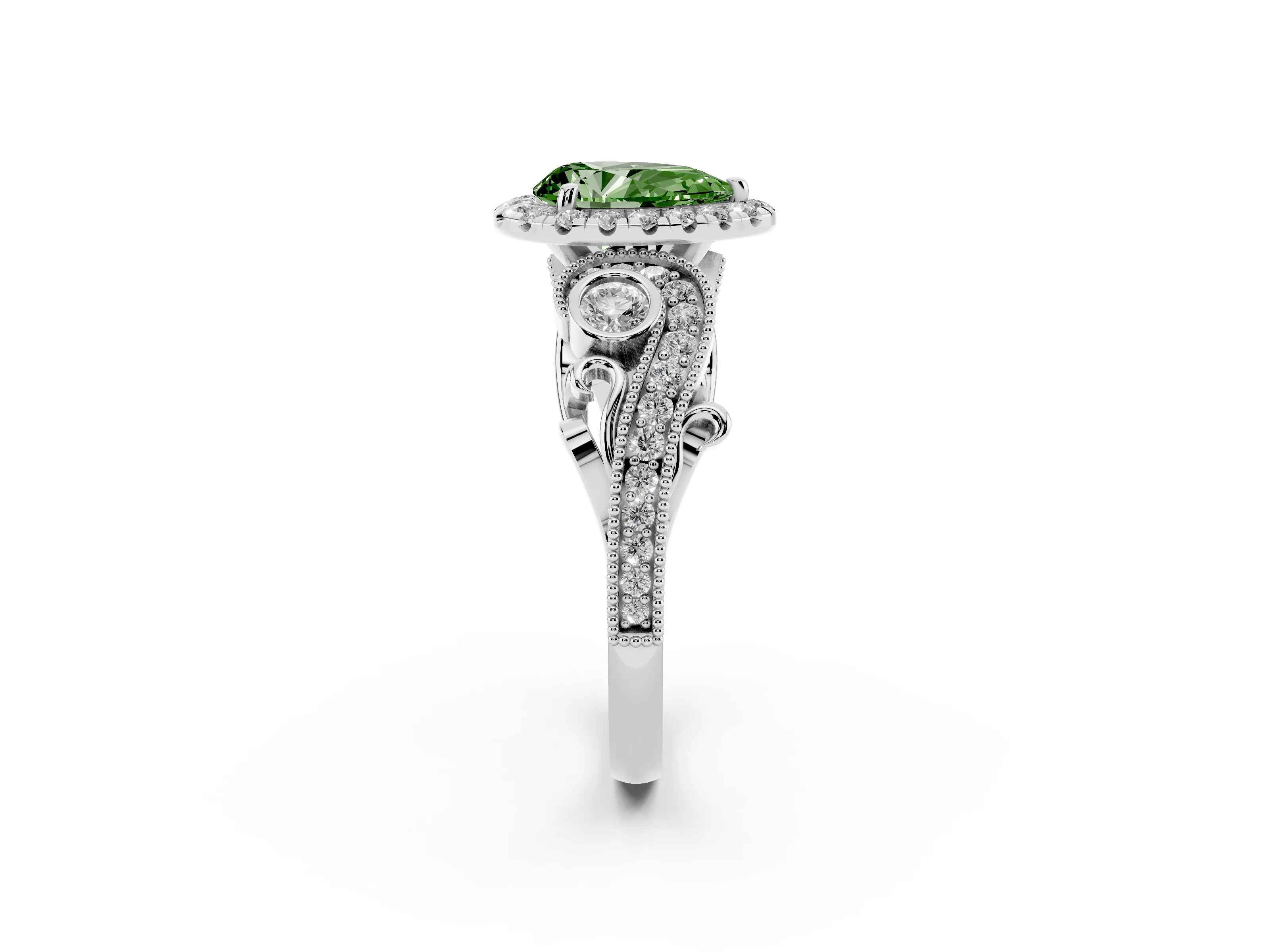 Fancy Green Pear Cut Diamond Halo Ring Set in Silver with Milgrain Pavé Band and Prong Setting