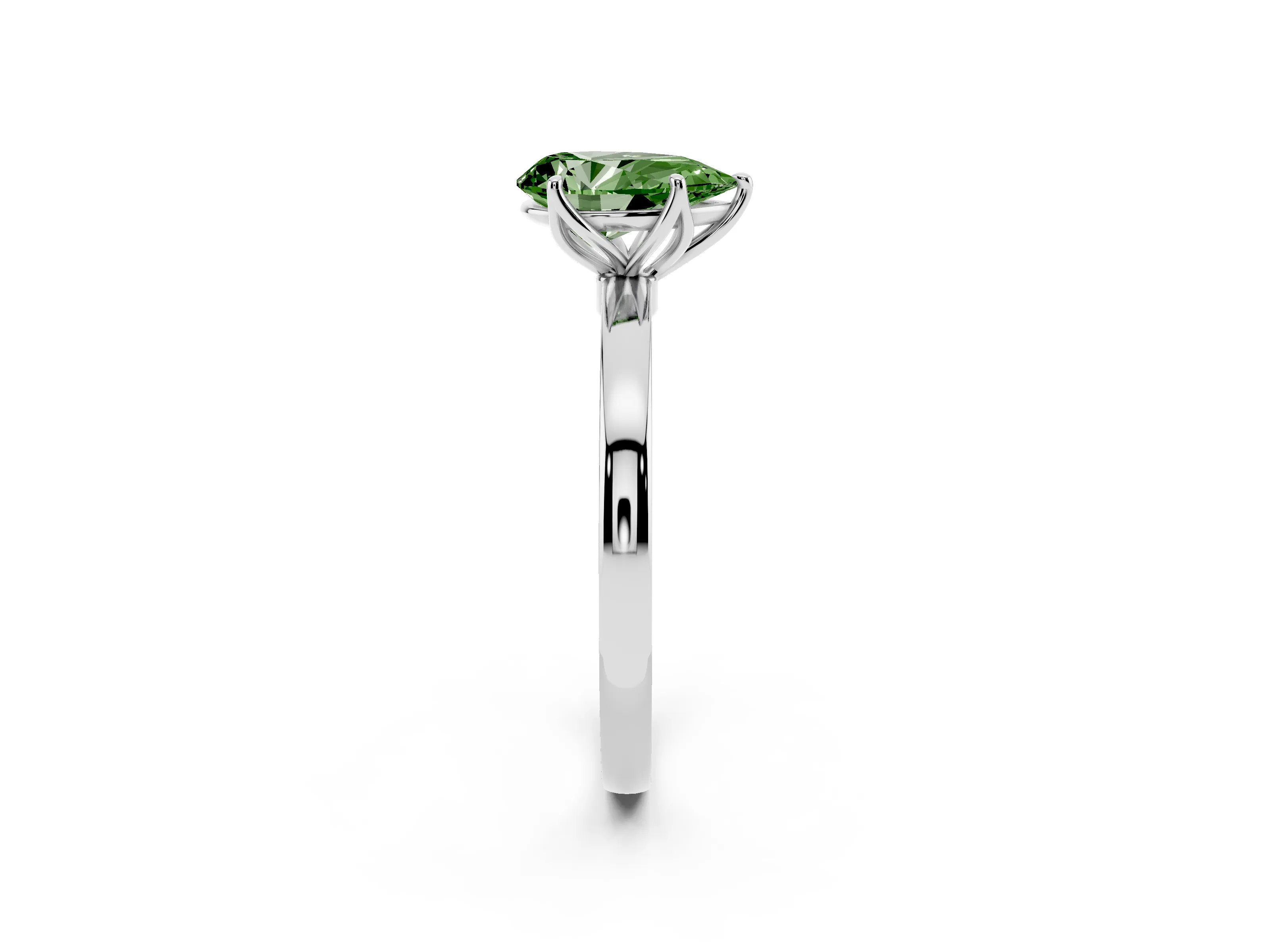 Fancy Green Pear Cut Diamond Solitaire Ring Set in Platinum with Prong Setting and Thin Polished Band