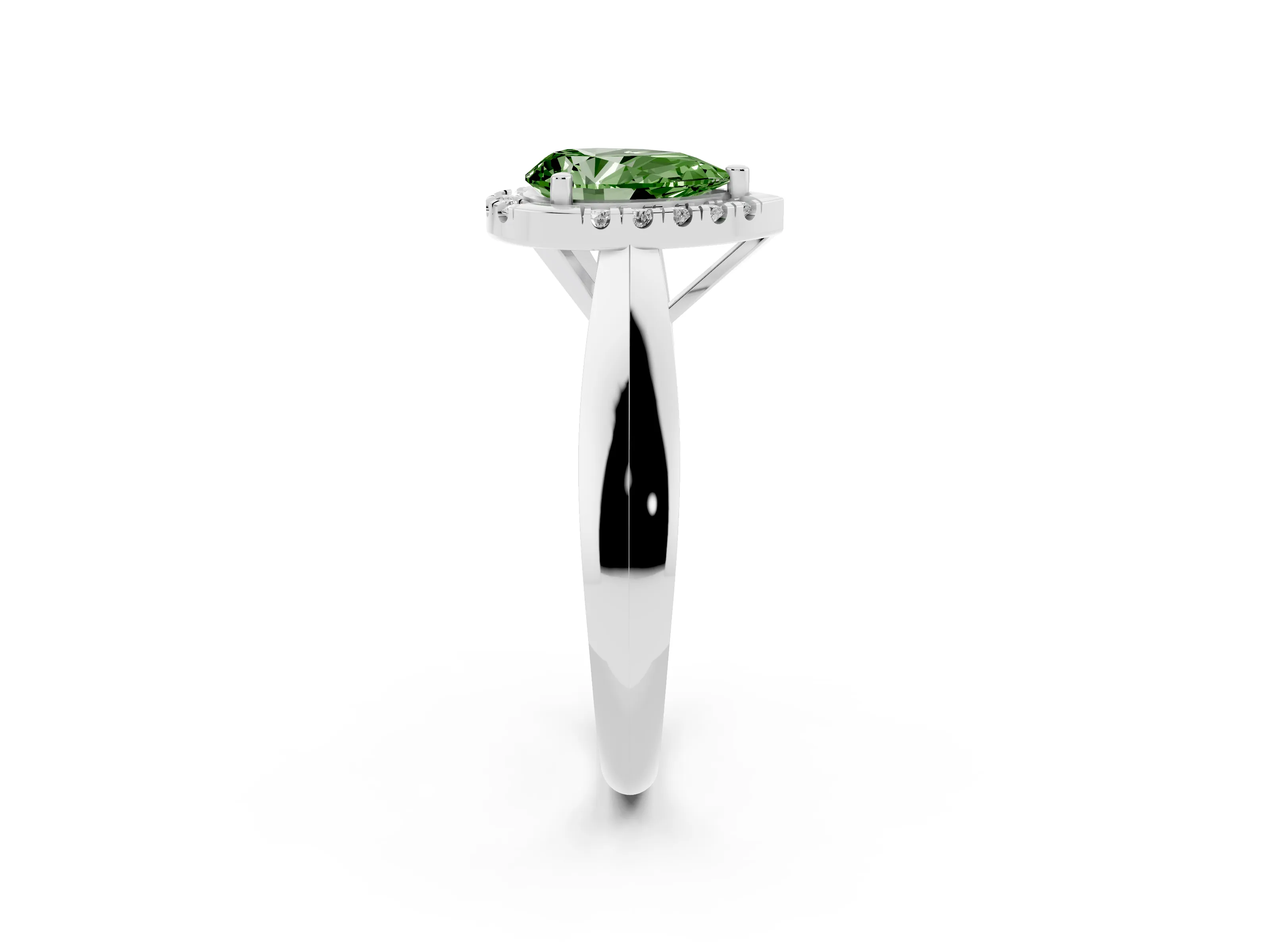 Fancy Green Pear Cut Diamond Halo Solitaire Engagement Ring Set in Silver with Square Band and Prong Setting