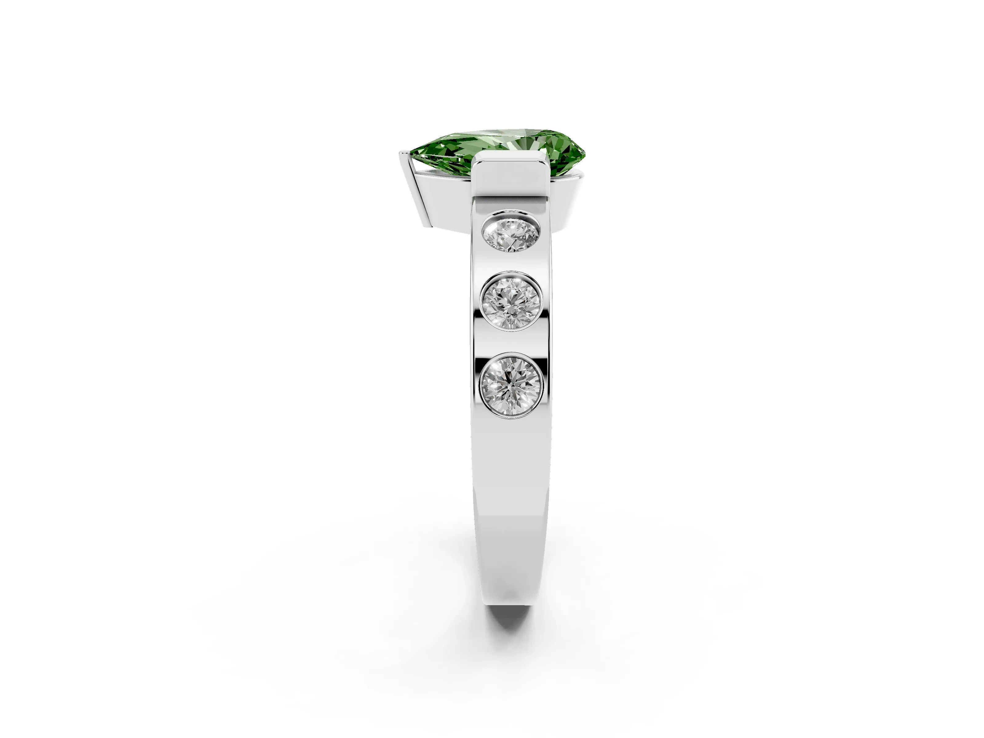 Fancy Green Pear Cut Diamond Channel-Set Band Ring Set in Silver with Bezel Prong Setting