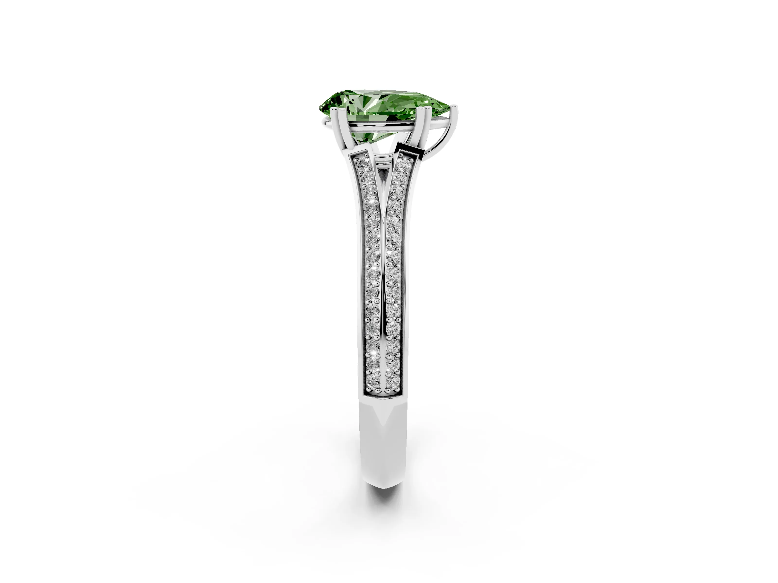 Fancy Green Pear Cut Diamond Split Shank Pavé Engagement Ring Set in Platinum with Prong-Set Center Stone