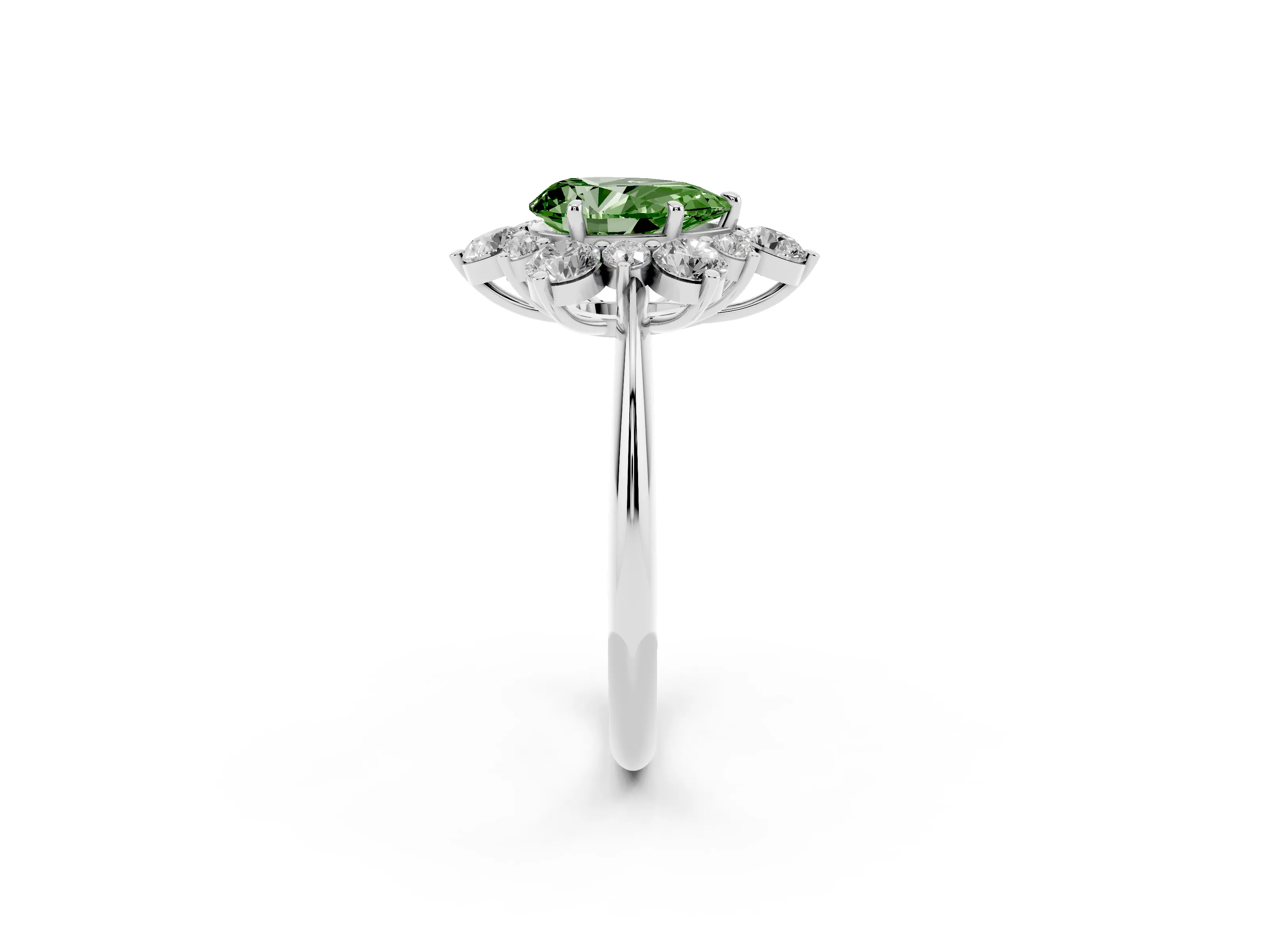 Fancy Green Pear Cut Diamond Cluster Halo Ring Set in White gold with Solitaire Band and Prong Setting