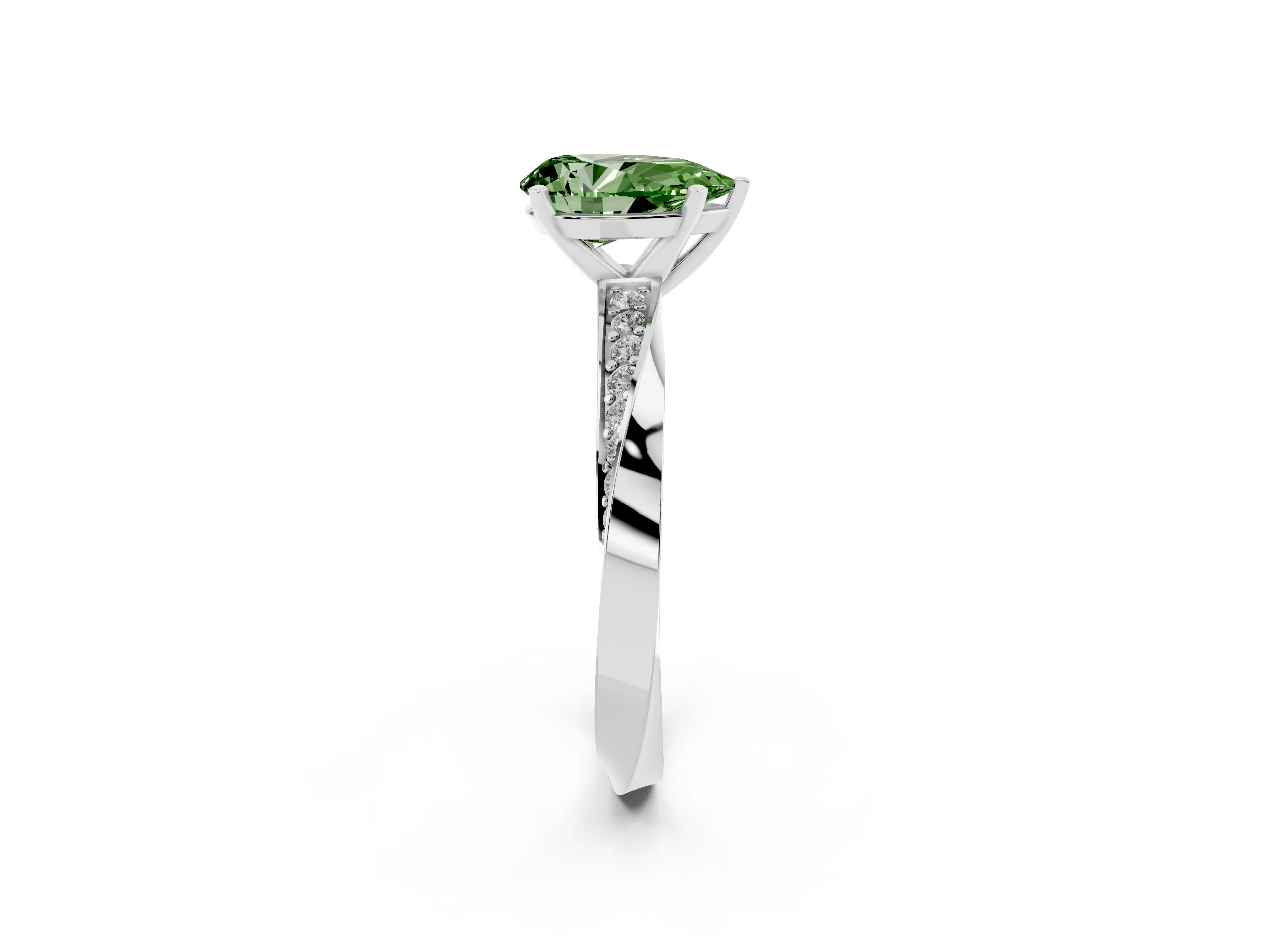 Fancy Green Pear Cut Diamond Engagement Ring Set in Silver with Side Stone Accents and Prong Setting